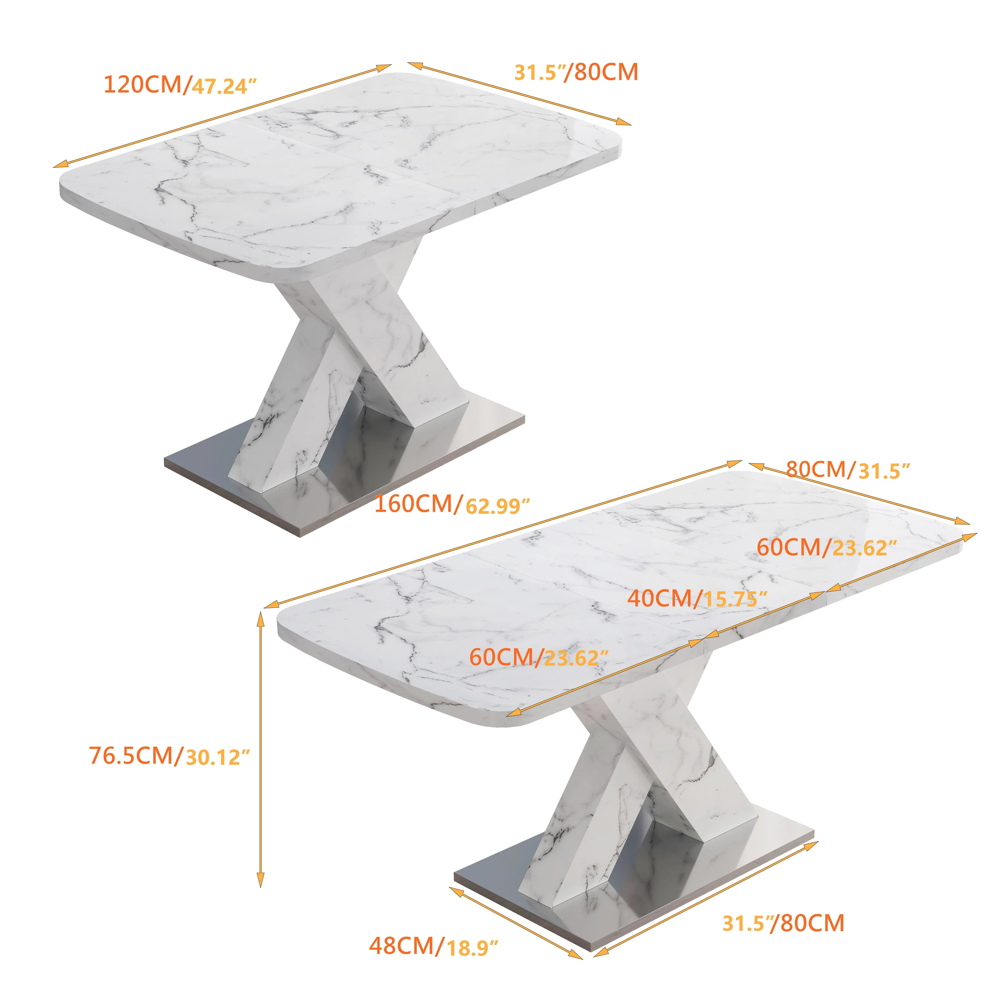 Dining Table 120-160CM Stretchable Modern Rectangle Marble Top, White/MDF/Metal Base - Image 5