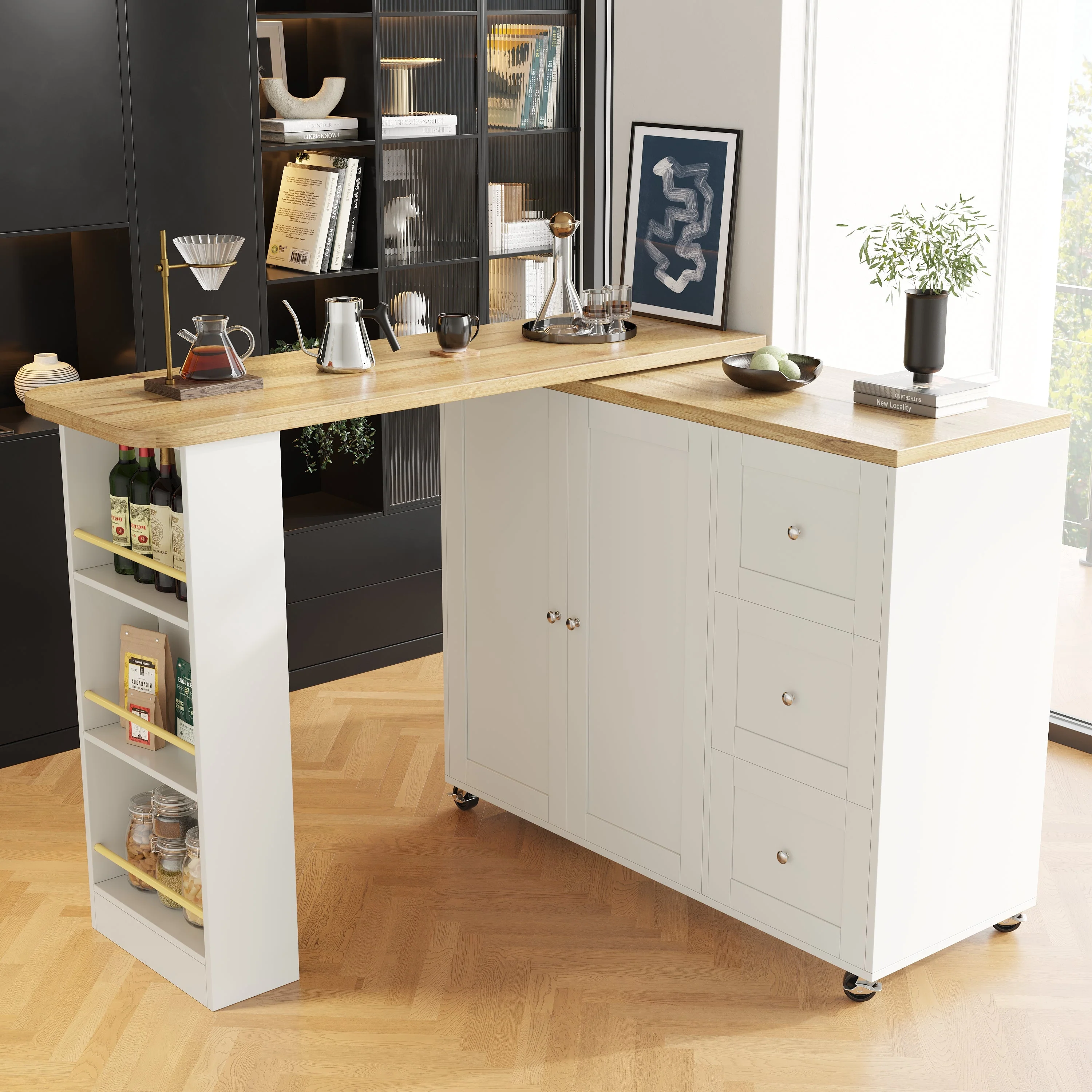 Dining Table 360° Swivelling, Bar Table, Storage Island with Drawers & Snack Rack, White - Image 3