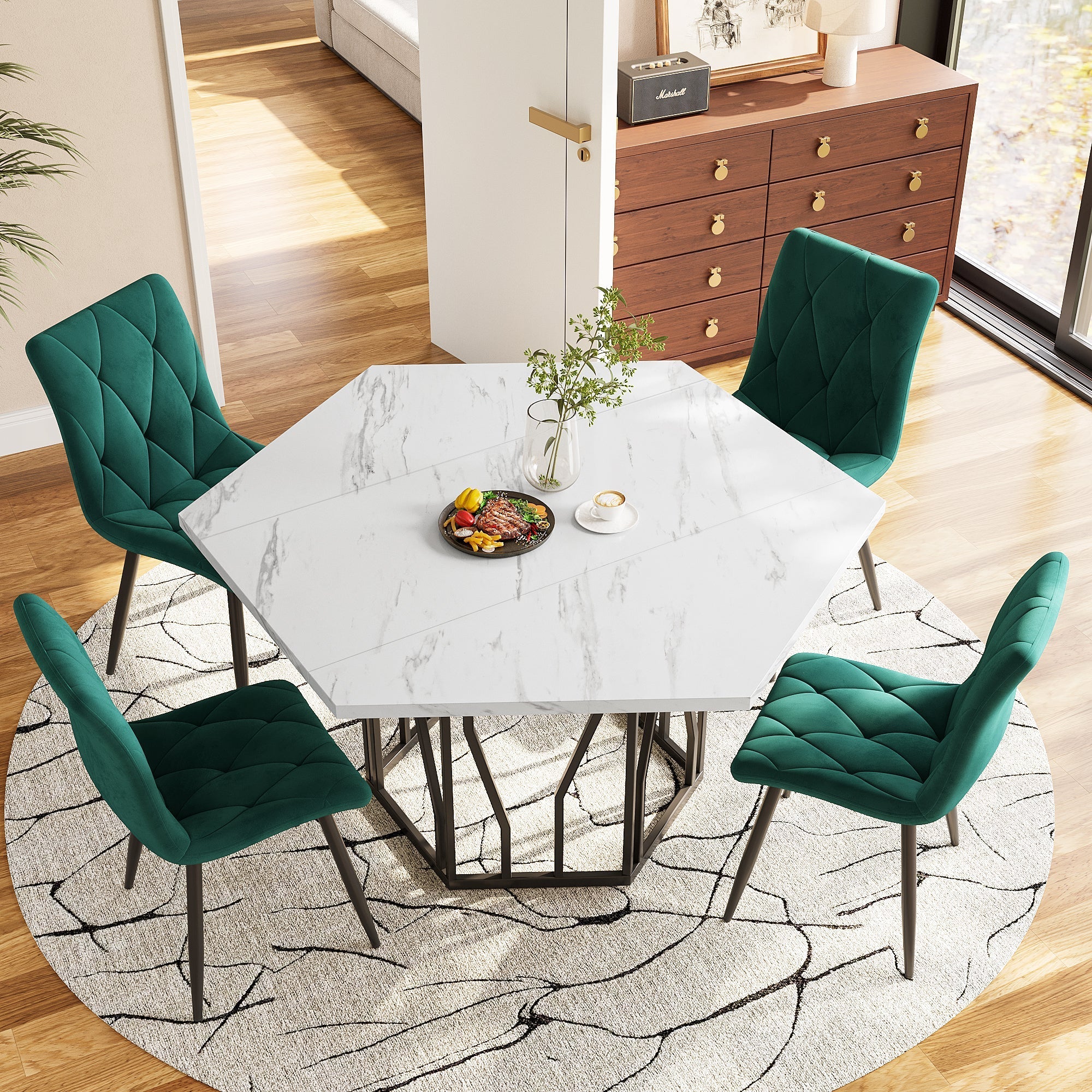 Dining Table and Chair Set 5-Piece Modern Hexagonal Marble Table 4 Green Velvet Chairs - Image 2