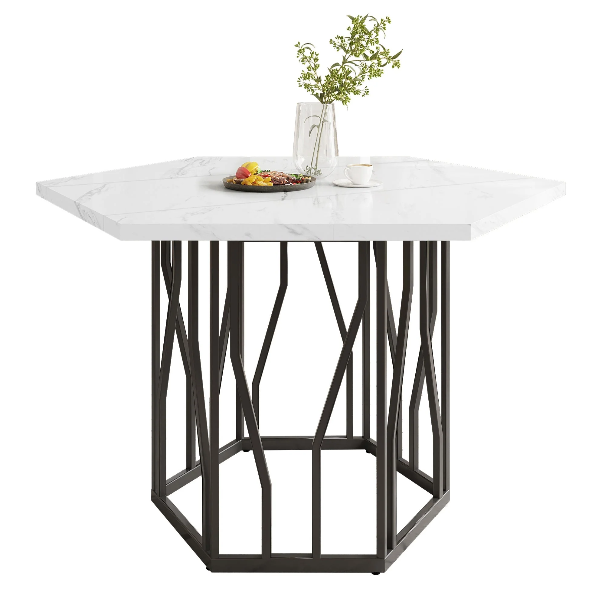 Dining Table and Chair Set 5-Piece Modern Hexagonal Marble Table 4 Green Velvet Chairs - Image 5