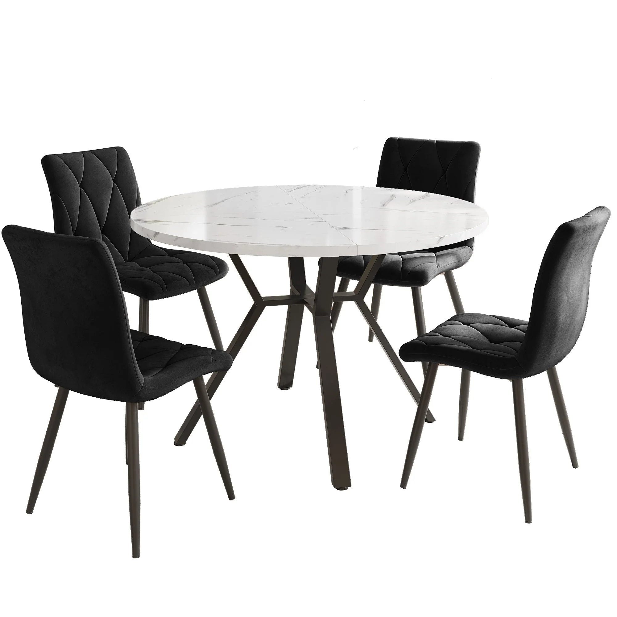 Dining Table and Chair Set 5-Piece Round Marble Table 4 Ergonomic Chairs Black Metal & Black Suede - Image 3