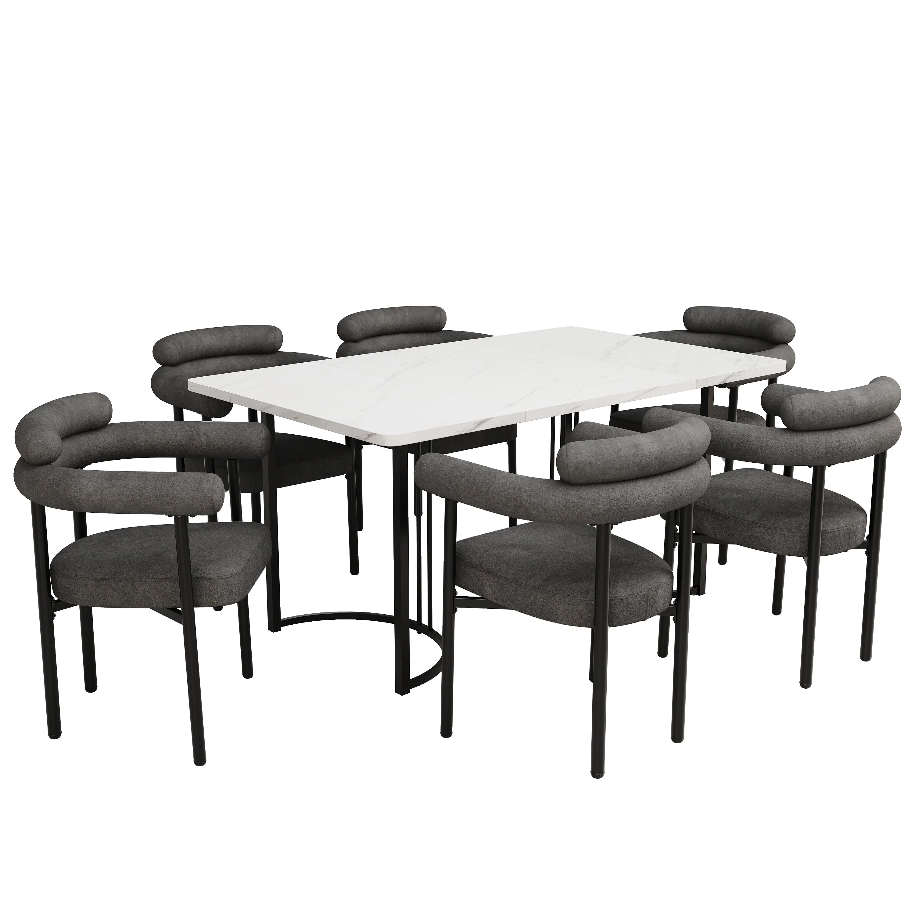 Dining Table and Chair Set (7-Piece) 6 Suede Armchairs Designer Metal Legs - Grey - Image 3