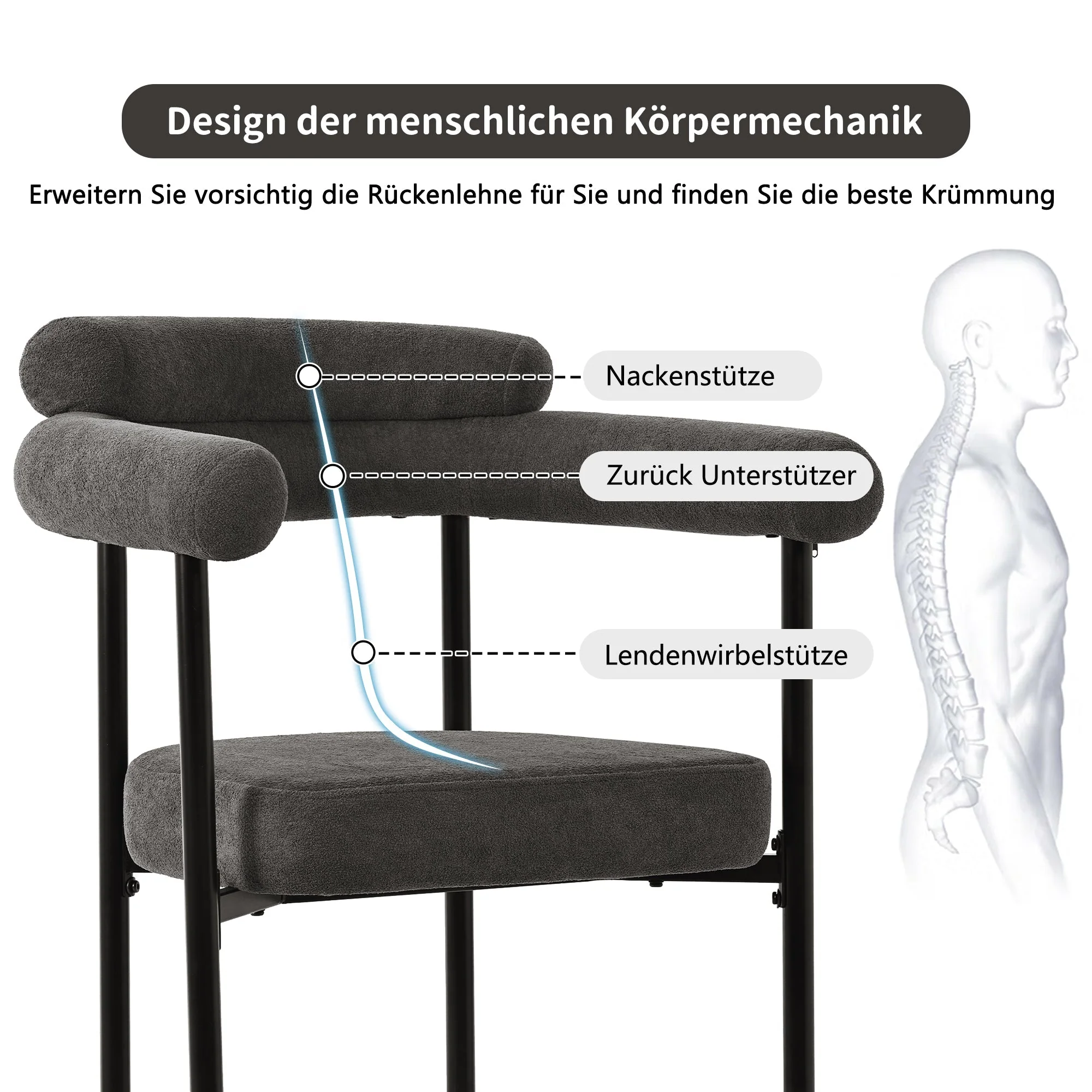 Dining Table and Chair Set (7-Piece) 6 Suede Armchairs Designer Metal Legs - Grey - Image 9