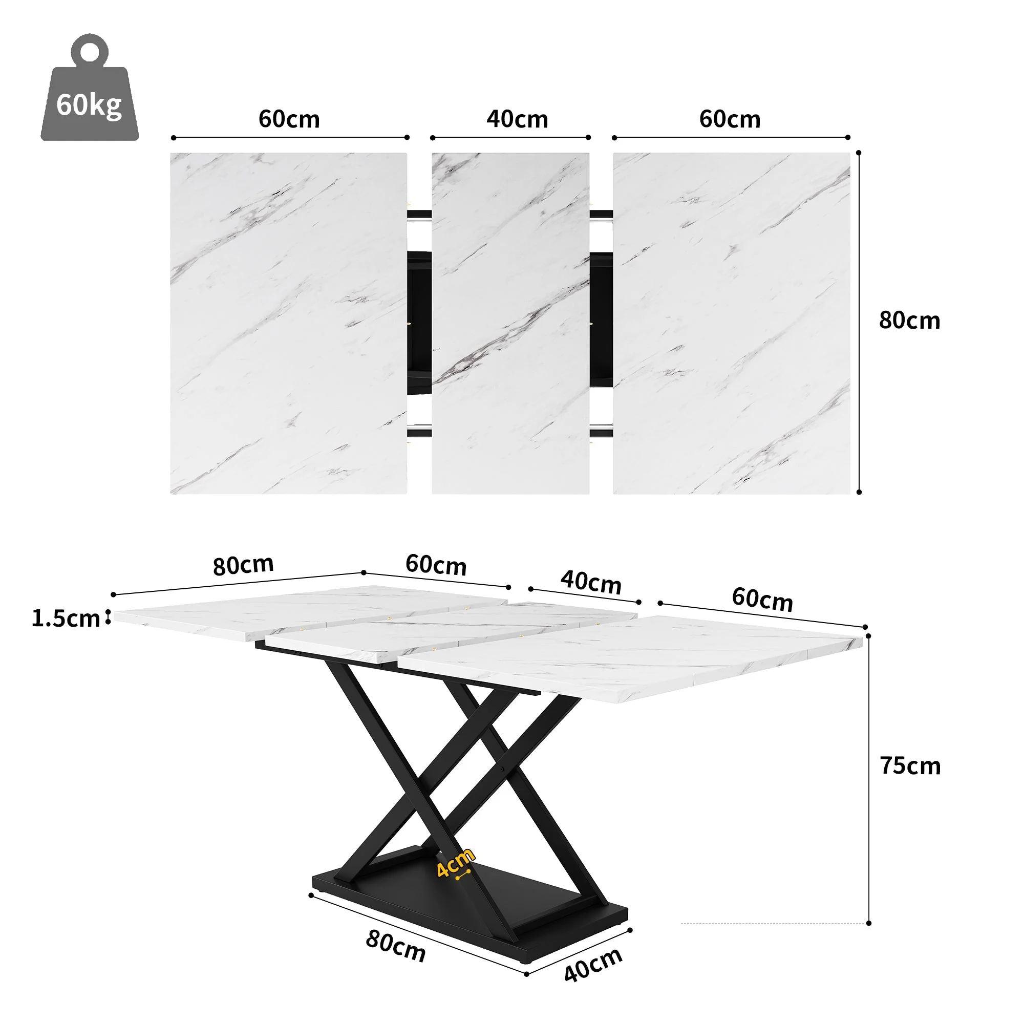 Dining Table, Extendable and Space-Saving, with Black Crossed Iron Legs, White Marble - Image 4