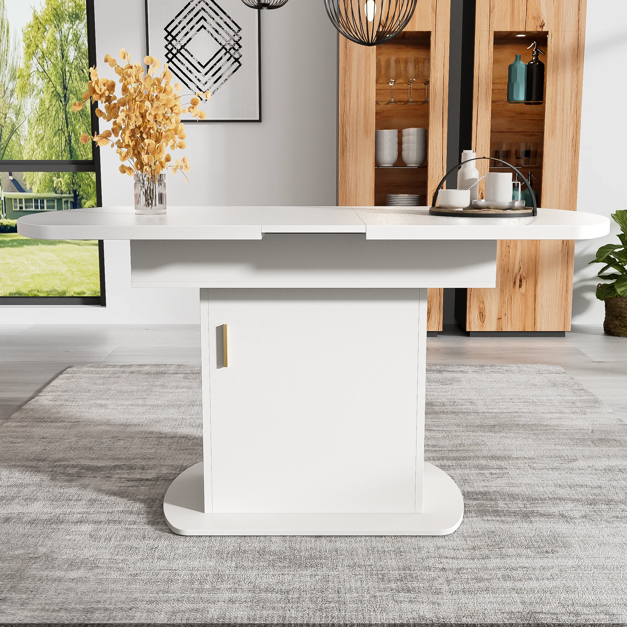 Dining Table Extendable Oval Storage White + Gold Handle - Image 2