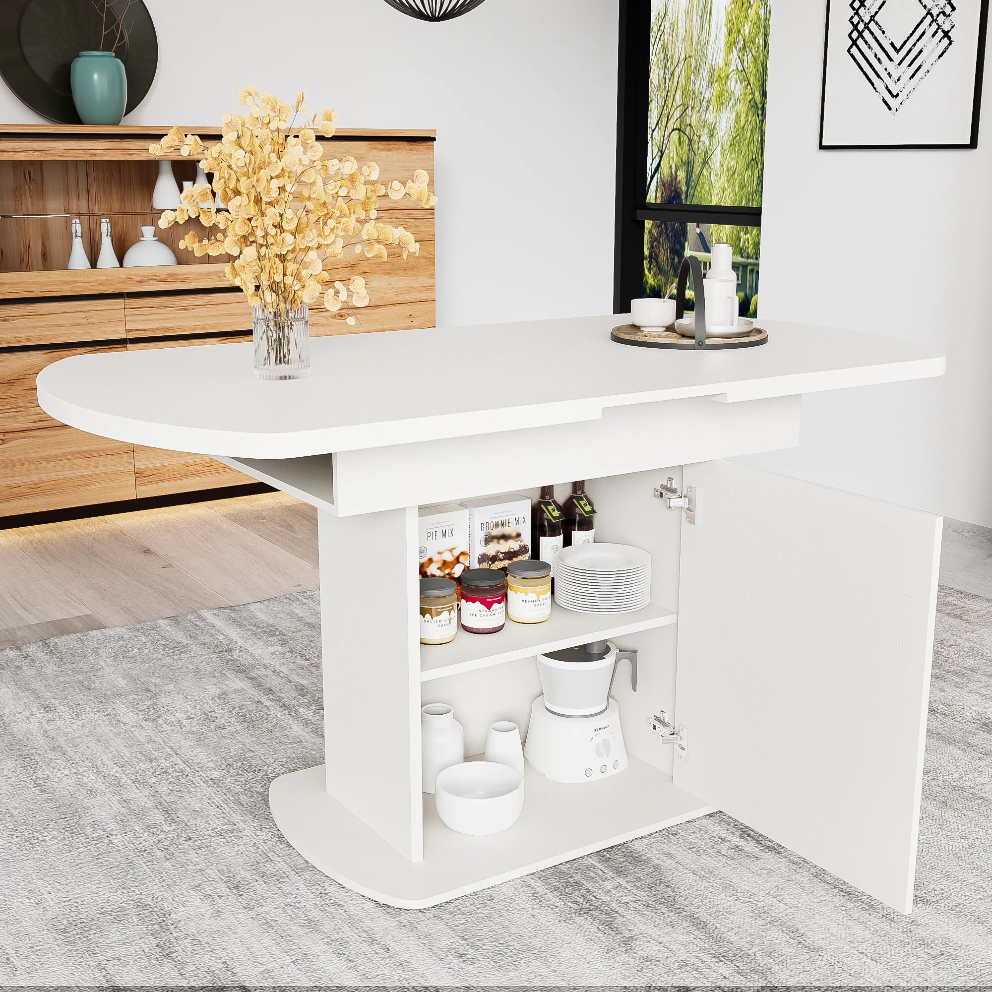 Dining Table Extendable Oval Storage White + Gold Handle - Image 3