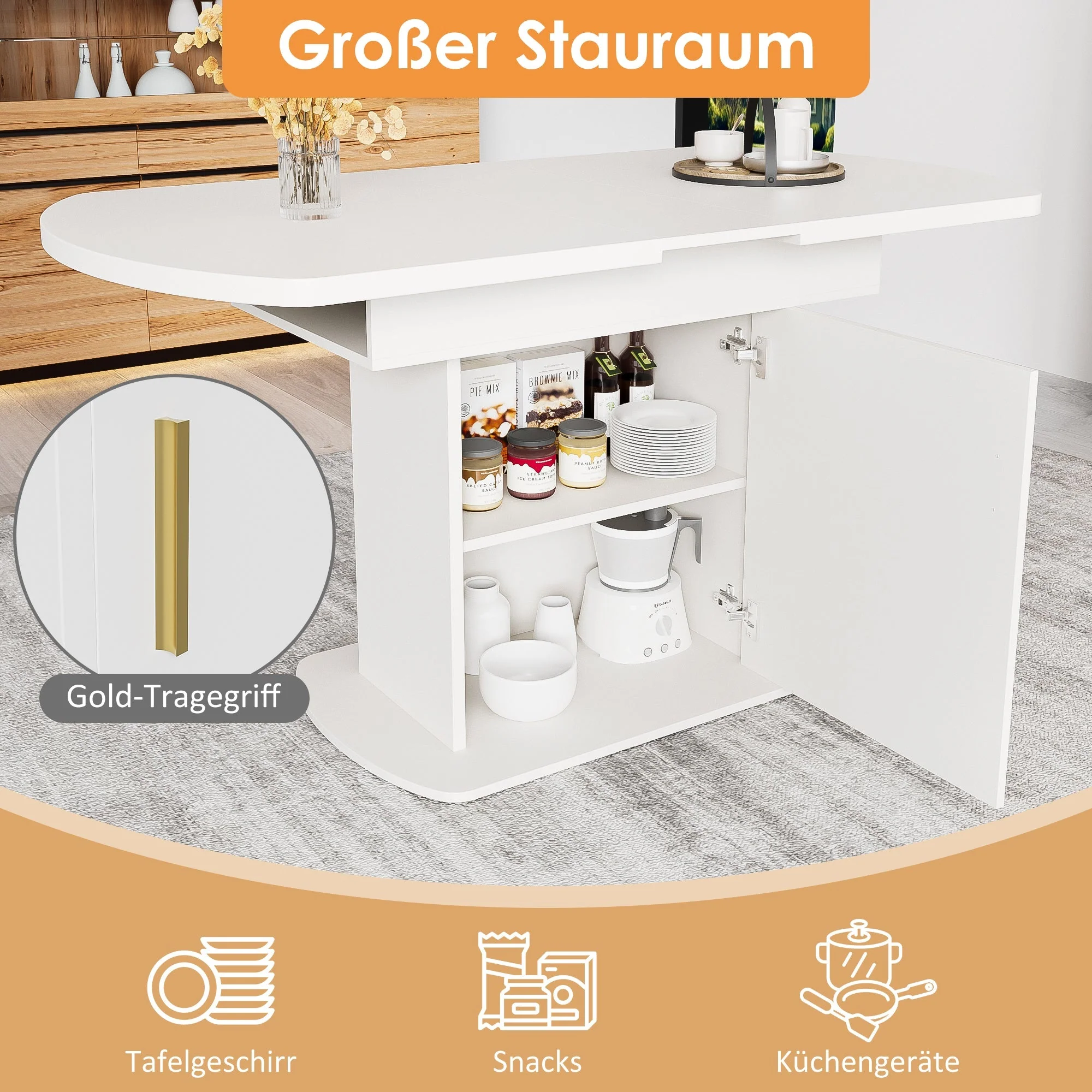 Dining Table Extendable Oval Storage White + Gold Handle - Image 4