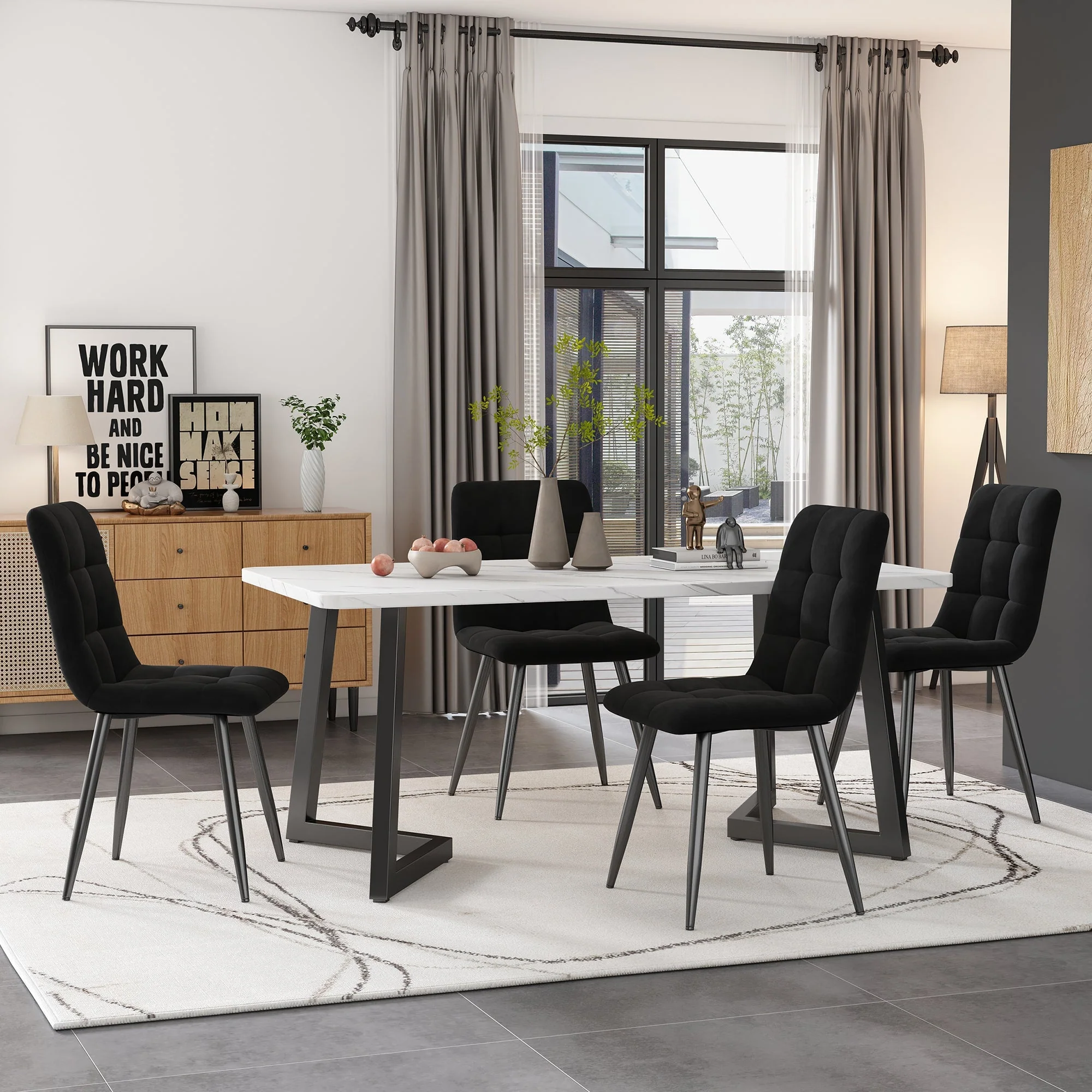 Dining Table, Metal Frame Rectangular Modern Marble Pattern Kitchen Table with Metal Legs, Black/White