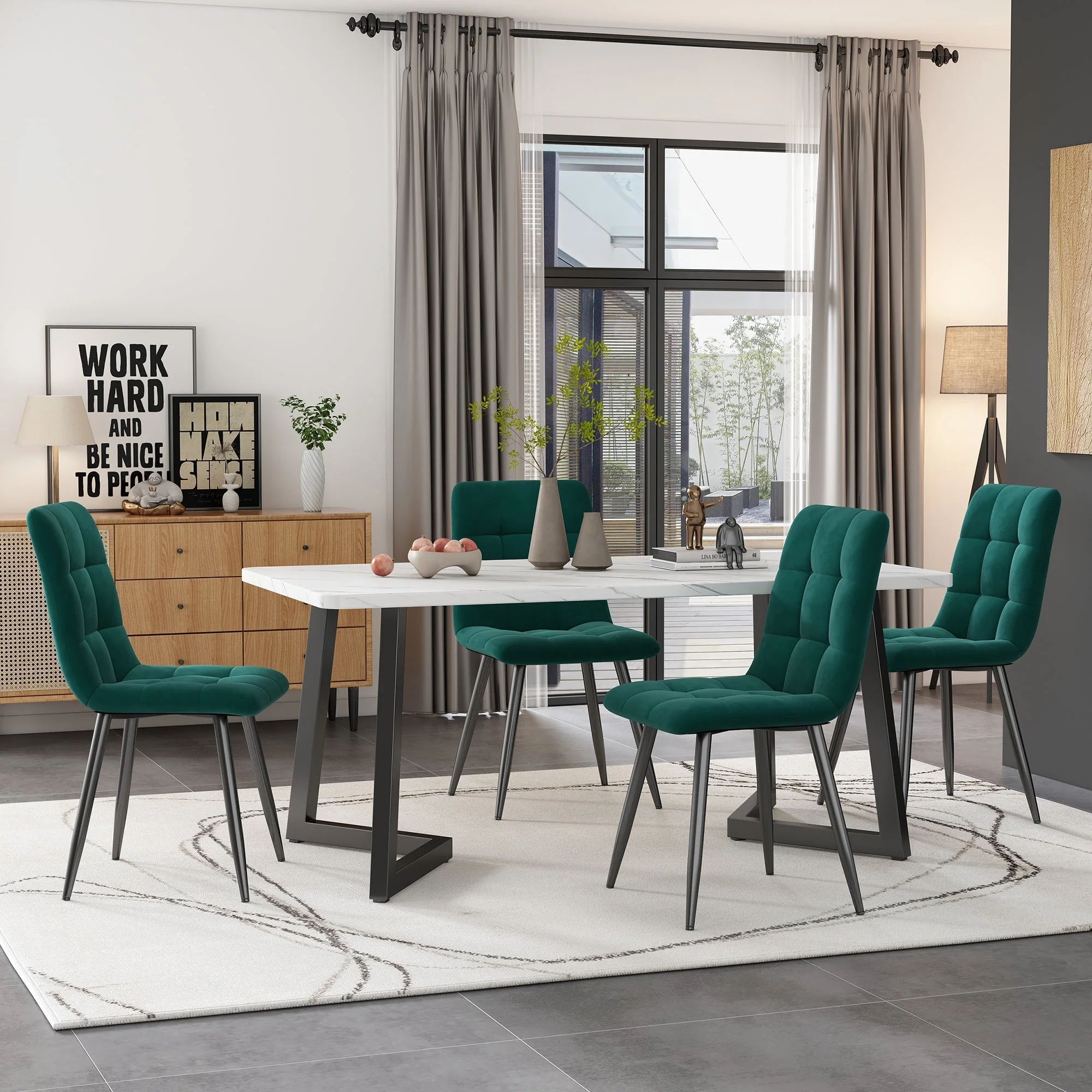 Dining Table, Metal Frame Rectangular Modern Marble Pattern Kitchen Table with Metal Legs, Black/White - Image 2