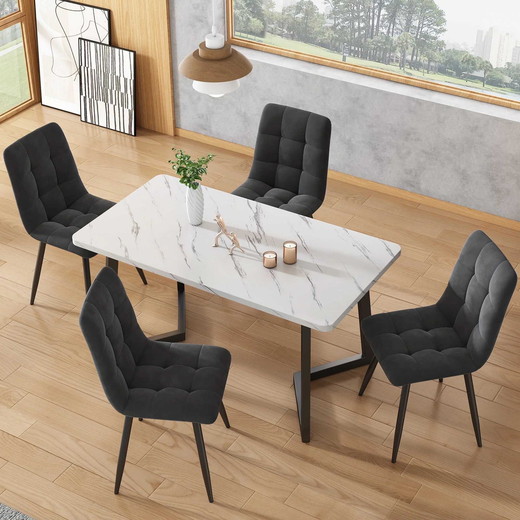 Dining Table, Metal Frame Rectangular Modern Marble Pattern Kitchen Table with Metal Legs, Black/White - Image 3