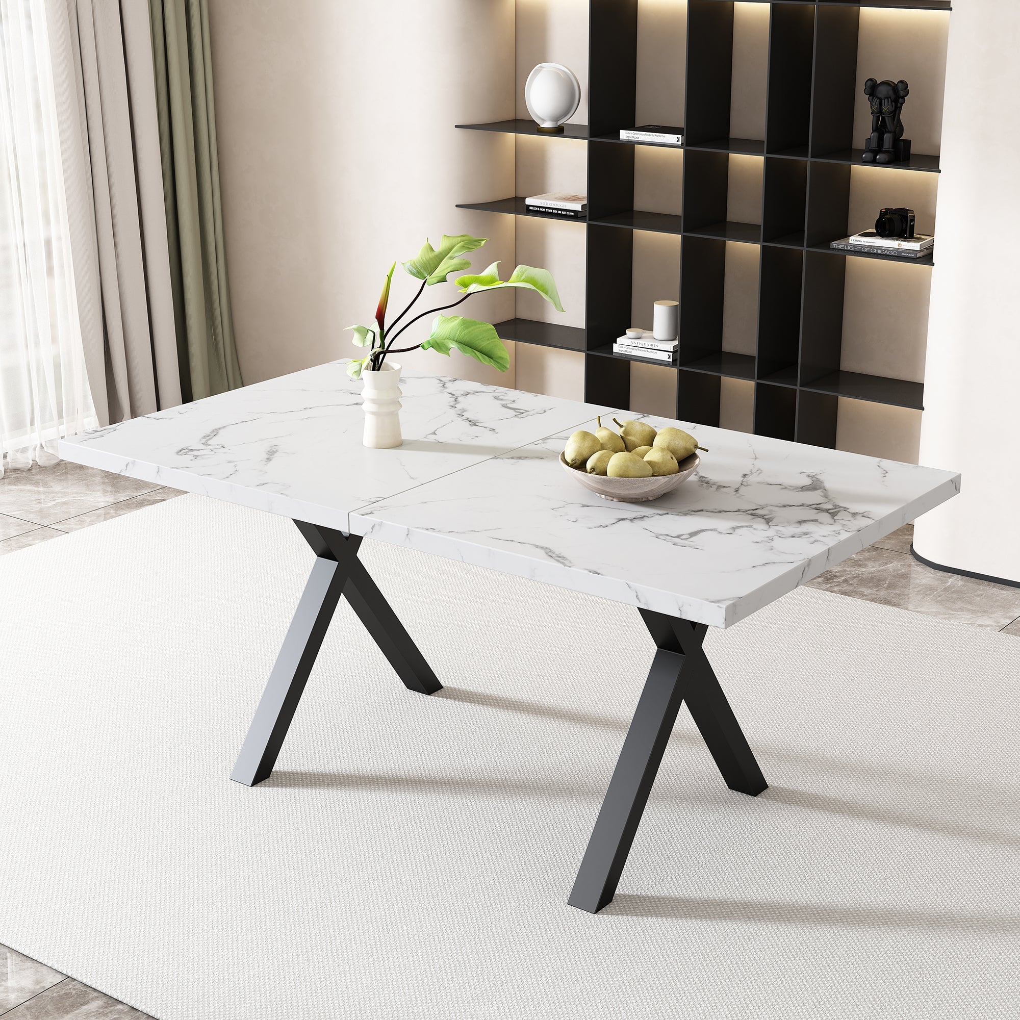 Dining Table Rectangular Crossed Legs Wrought Iron Marble Effect 140x80cm - Black and White - Image 2