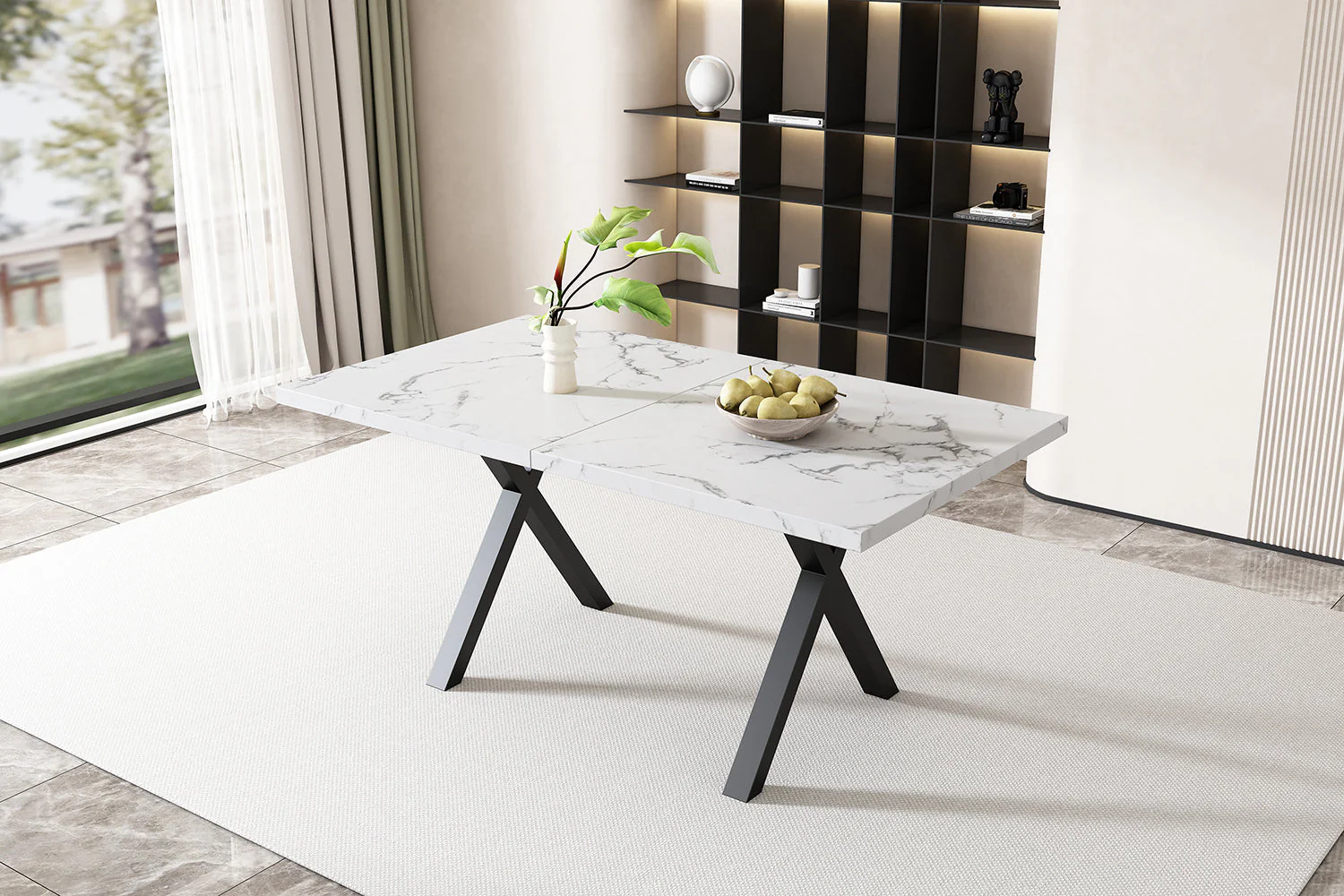Dining Table Rectangular Crossed Legs Wrought Iron Marble Effect 140x80cm - Black and White - Image 3