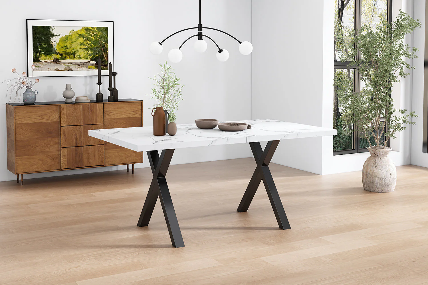 Dining Table Rectangular Crossed Legs Wrought Iron Marble Effect 140x80cm - Black and White - Image 4