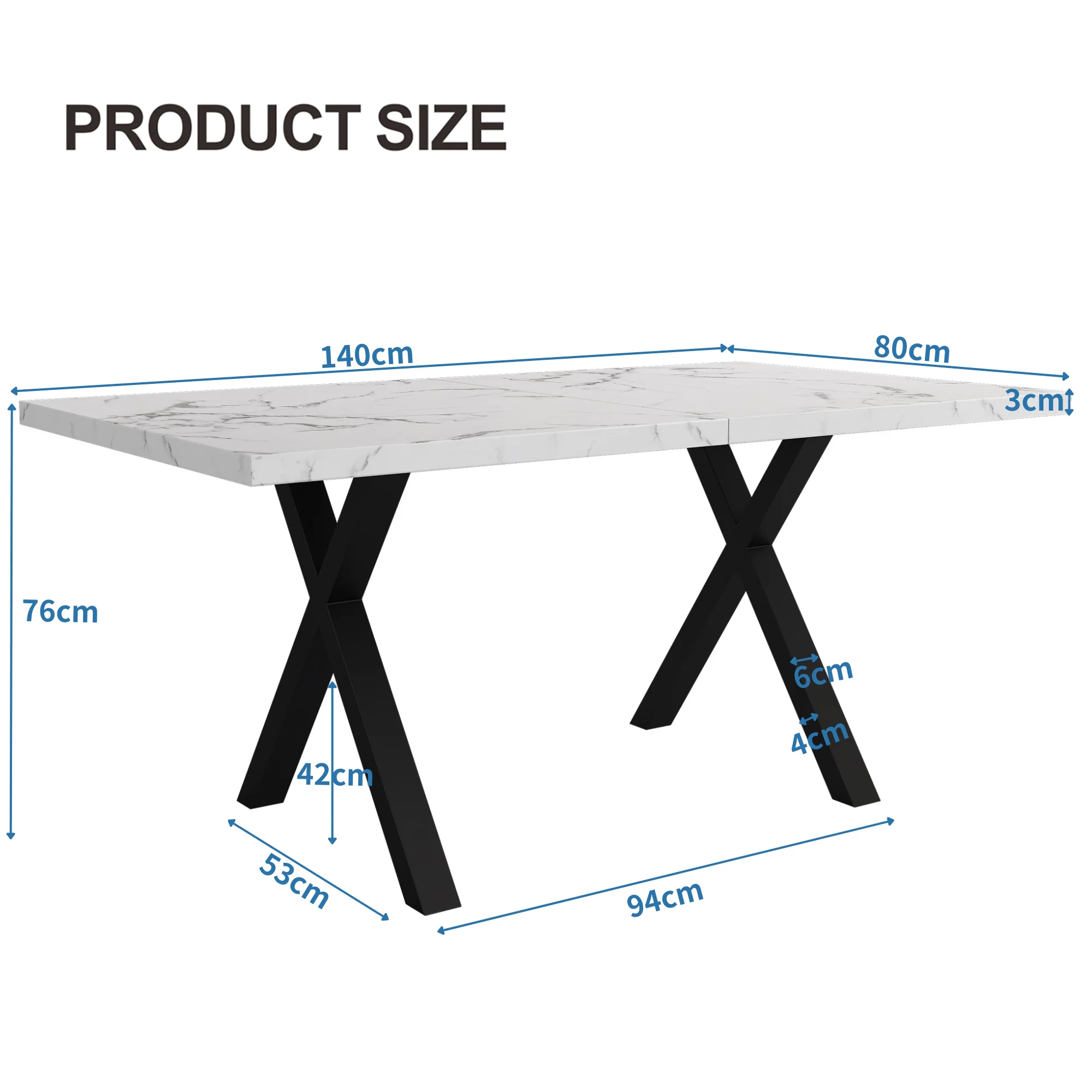 Dining Table Rectangular Crossed Legs Wrought Iron Marble Effect 140x80cm - Black and White - Image 5