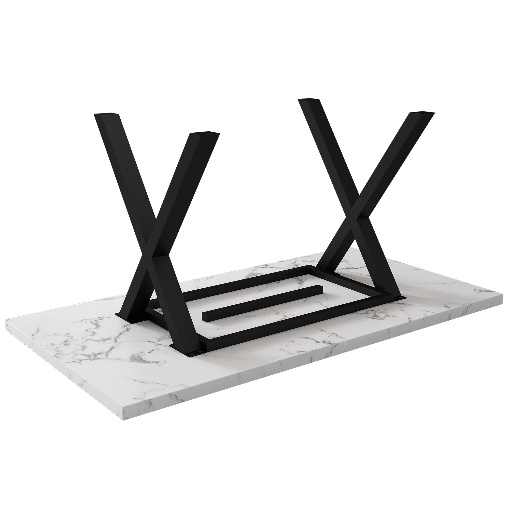 Dining Table Rectangular Crossed Legs Wrought Iron Marble Effect 140x80cm - Black and White - Image 8