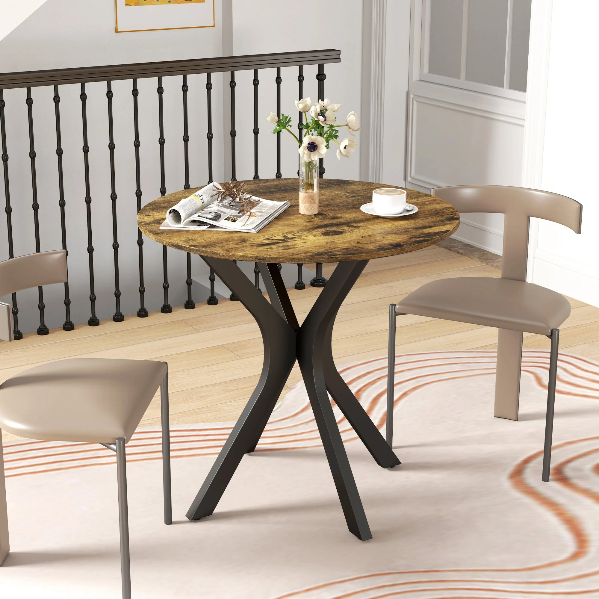 Dining Table Round 2-Person Bar Table, Spider Steel Frame, Rustic Brown