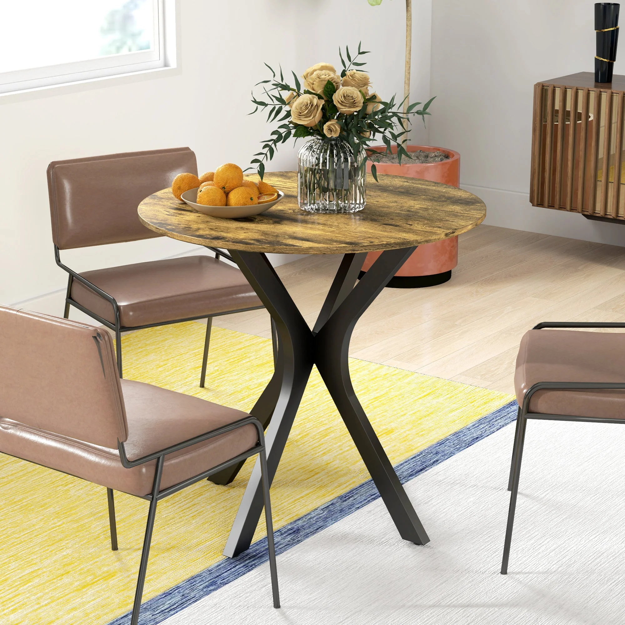 Dining Table Round 2-Person Bar Table, Spider Steel Frame, Rustic Brown - Image 7
