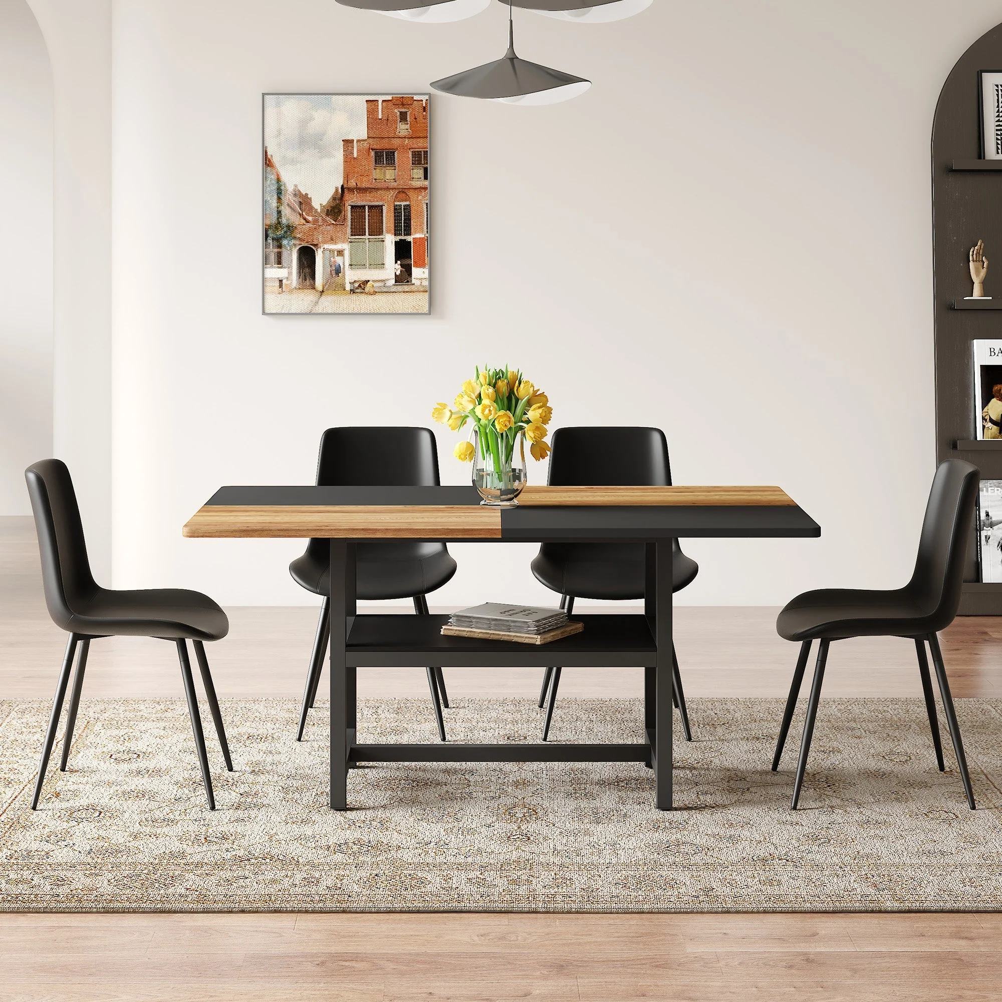 Dining Table Set 160cm Rectangular Storage 4 Chairs - Black PU - Image 3