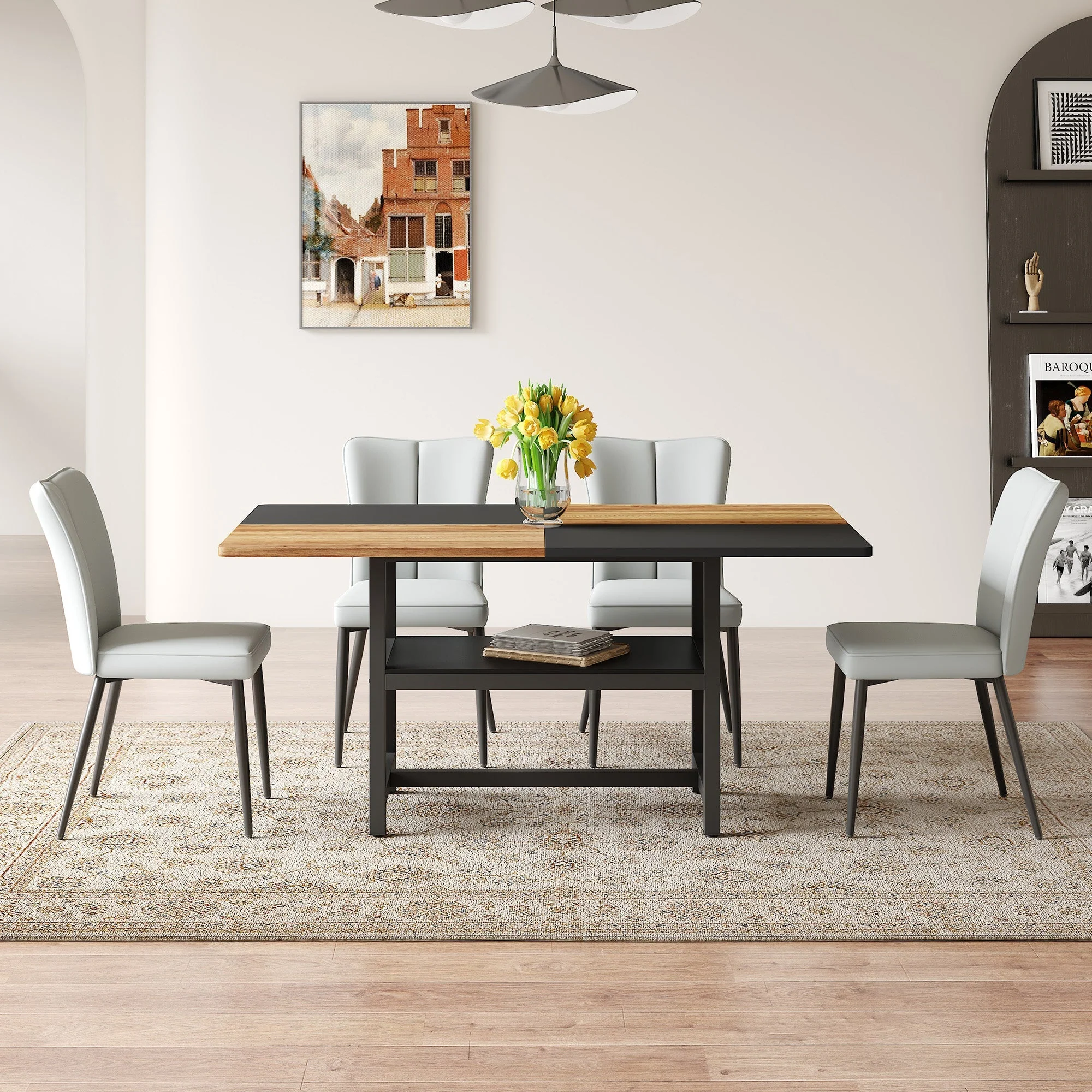 Dining Table Set 160cm Rectangular Storage 4 Chairs - Light Grey PU Leather - Image 3