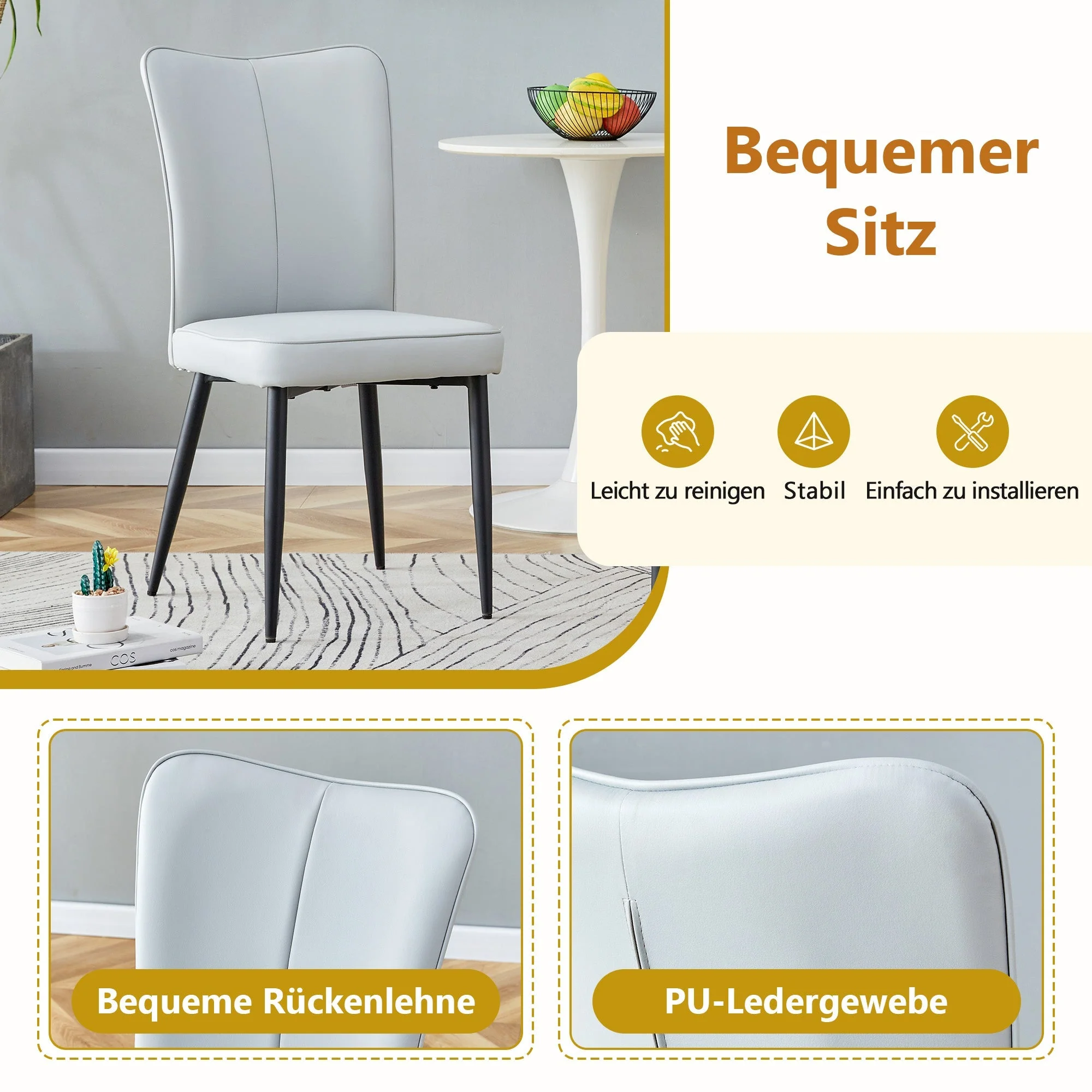 Dining Table Set 160cm Rectangular Storage 4 Chairs - Light Grey PU Leather - Image 6