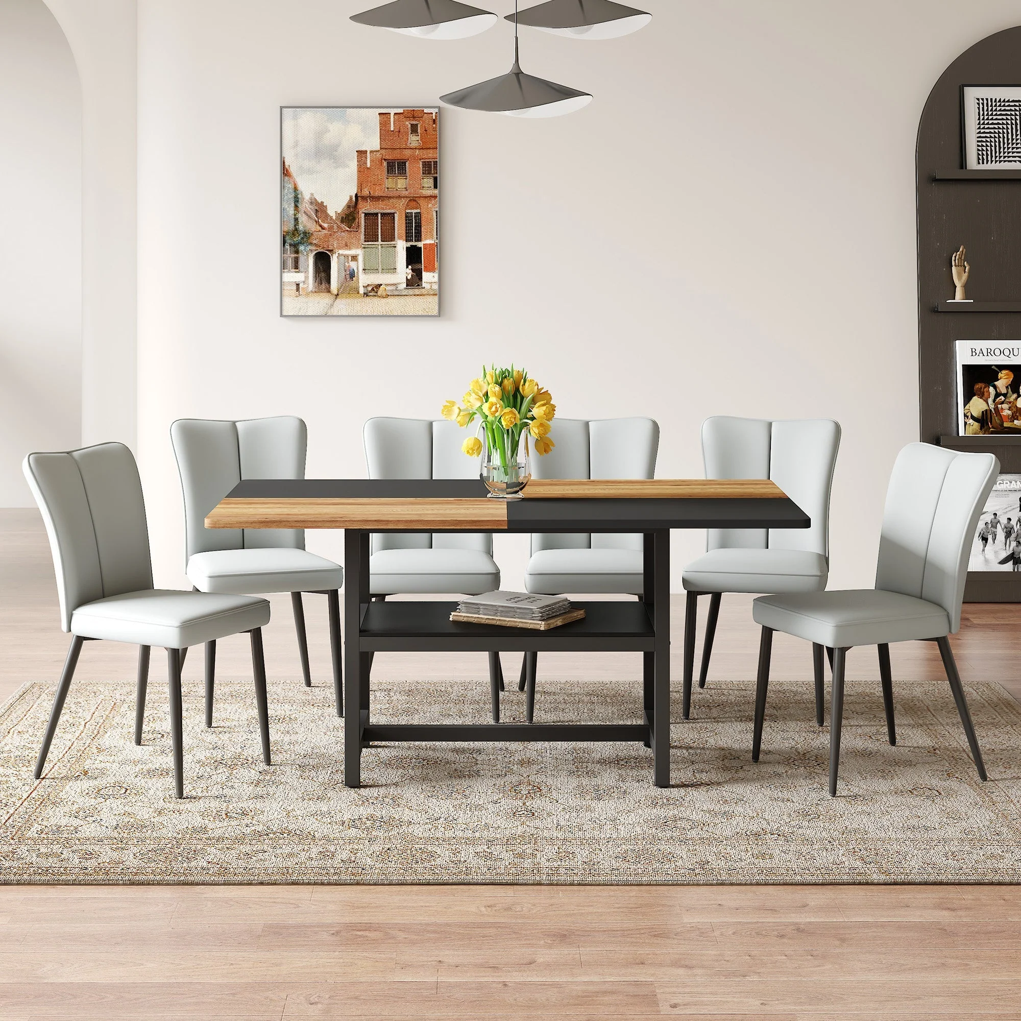 Dining Table Set 160cm Rectangular with Storage & 6 Chairs Light Grey PU Leather/Black Metal - Image 2