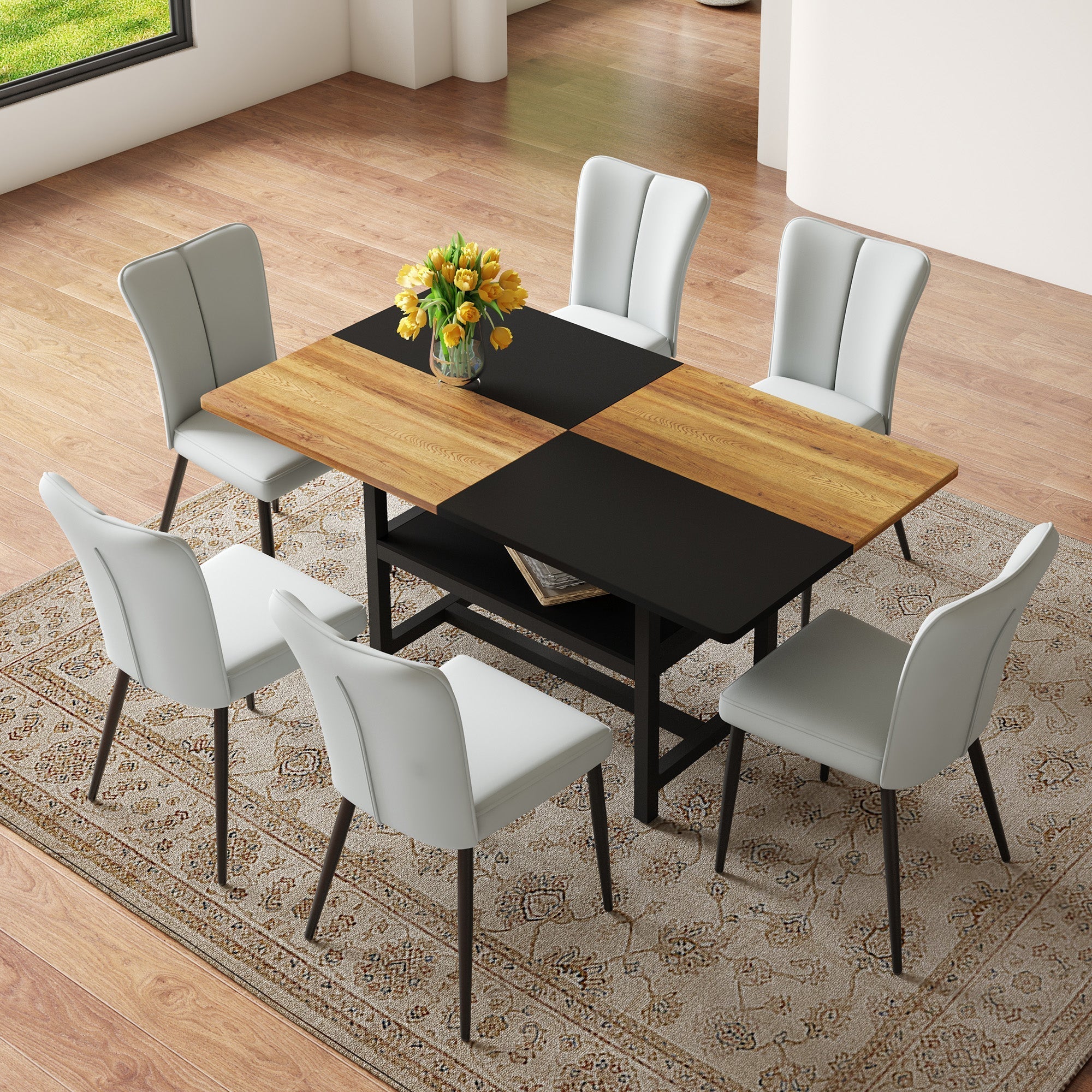 Dining Table Set 160cm Rectangular with Storage & 6 Chairs Light Grey PU Leather/Black Metal - Image 3