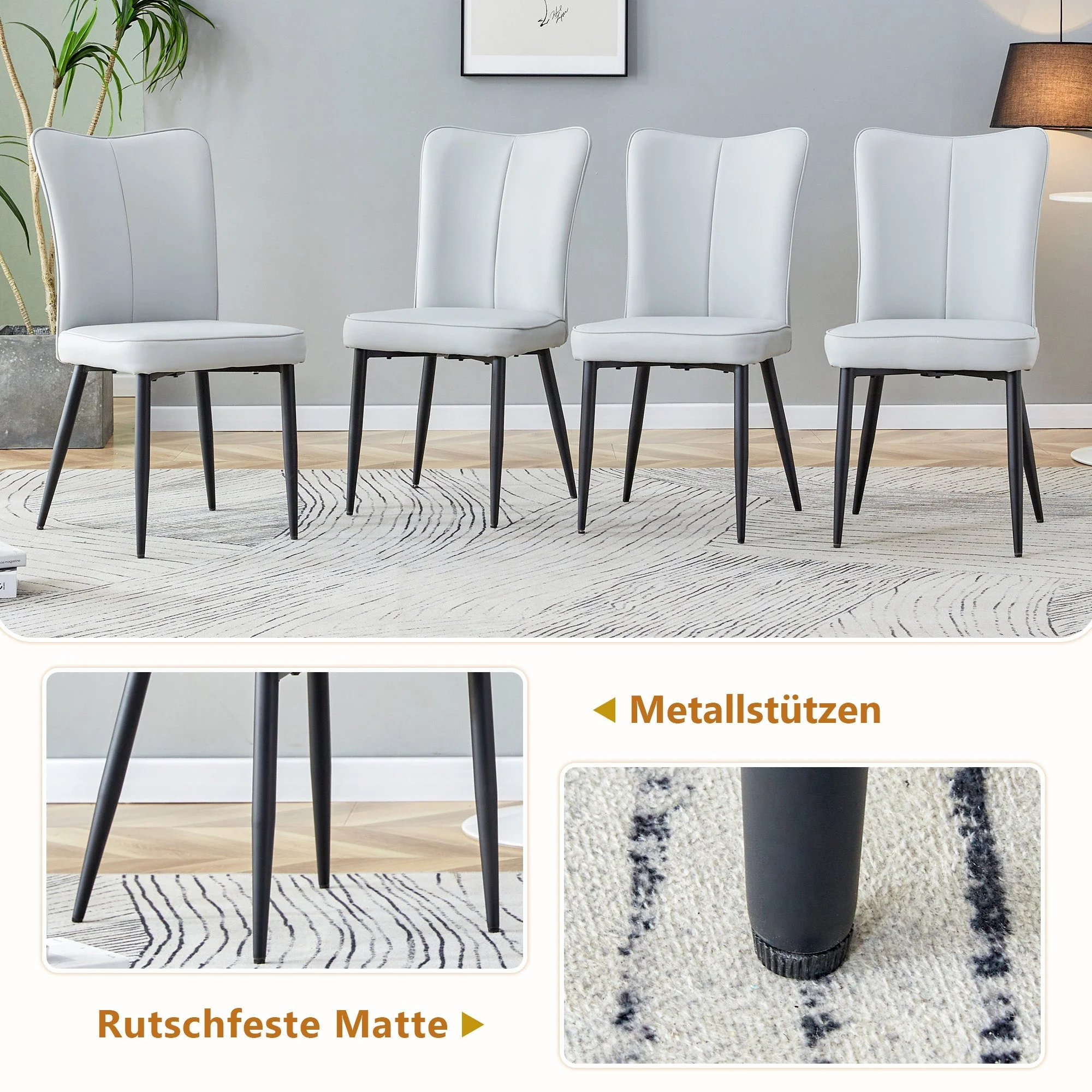Dining Table Set 160cm Rectangular with Storage & 6 Chairs Light Grey PU Leather/Black Metal - Image 7