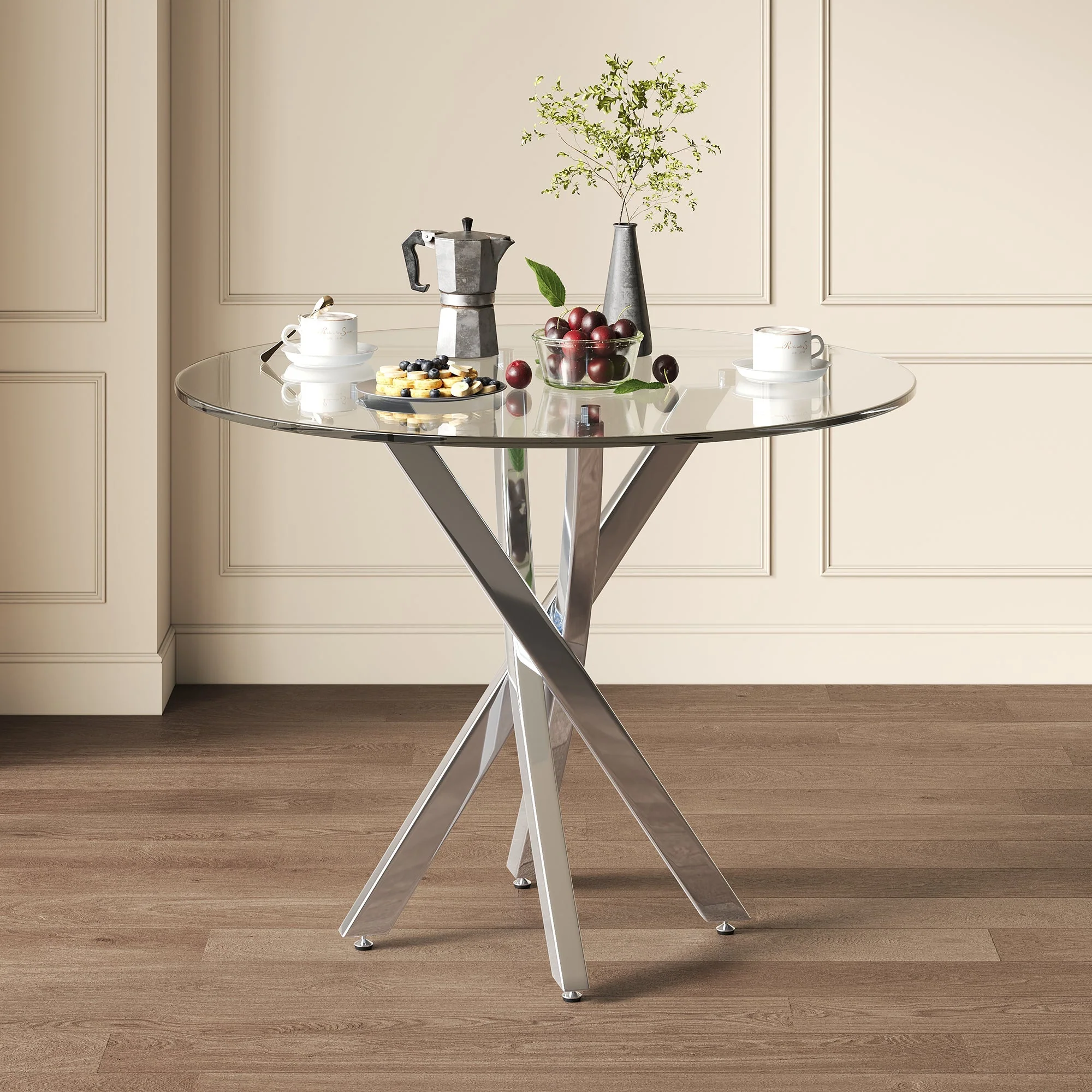 Dining Table Set - 3-Piece 80x80cm Tempered Glass Top Black Chairs - Silver Legs - Image 10