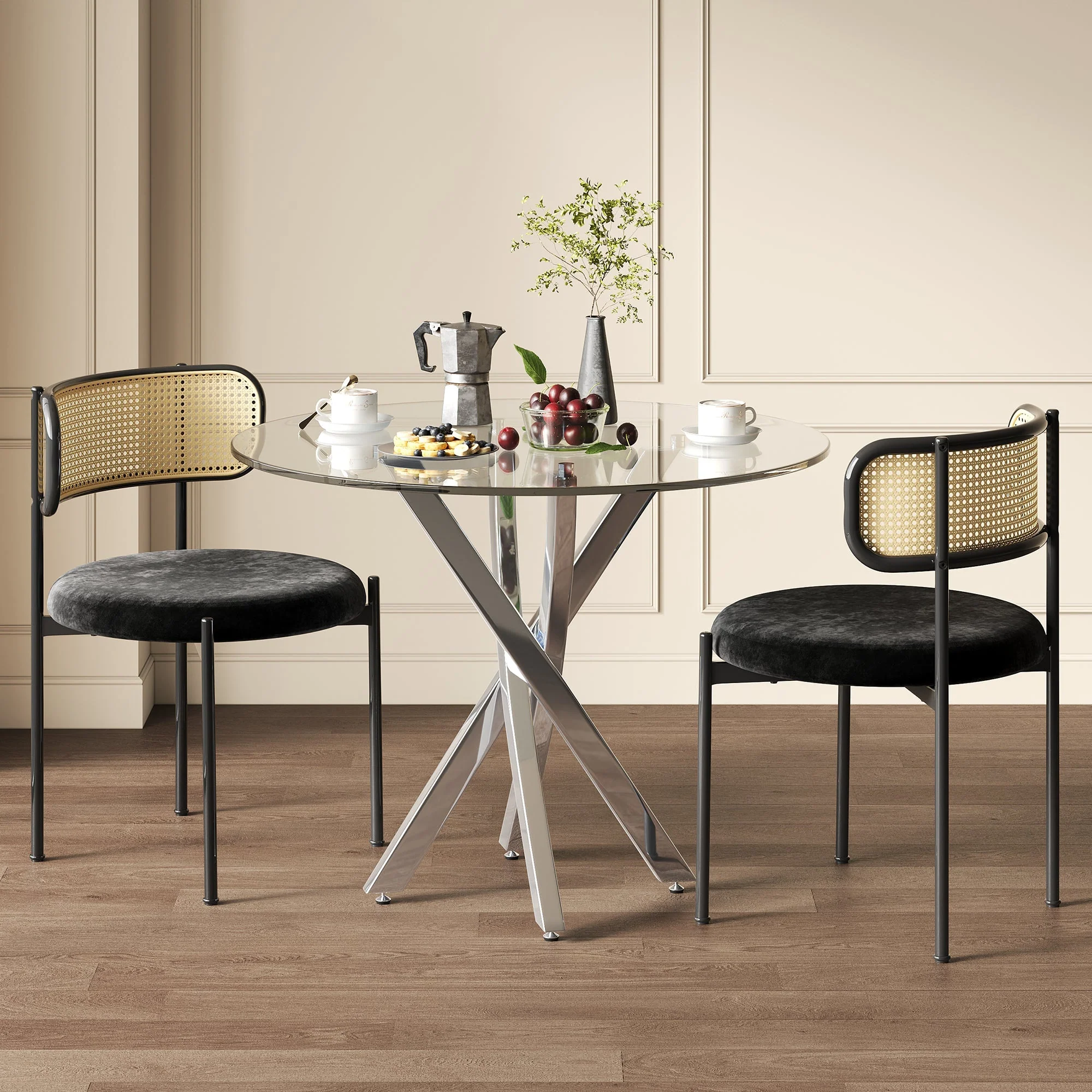 Dining Table Set - 3-Piece 80x80cm Tempered Glass Top Black Chairs - Silver Legs - Image 2