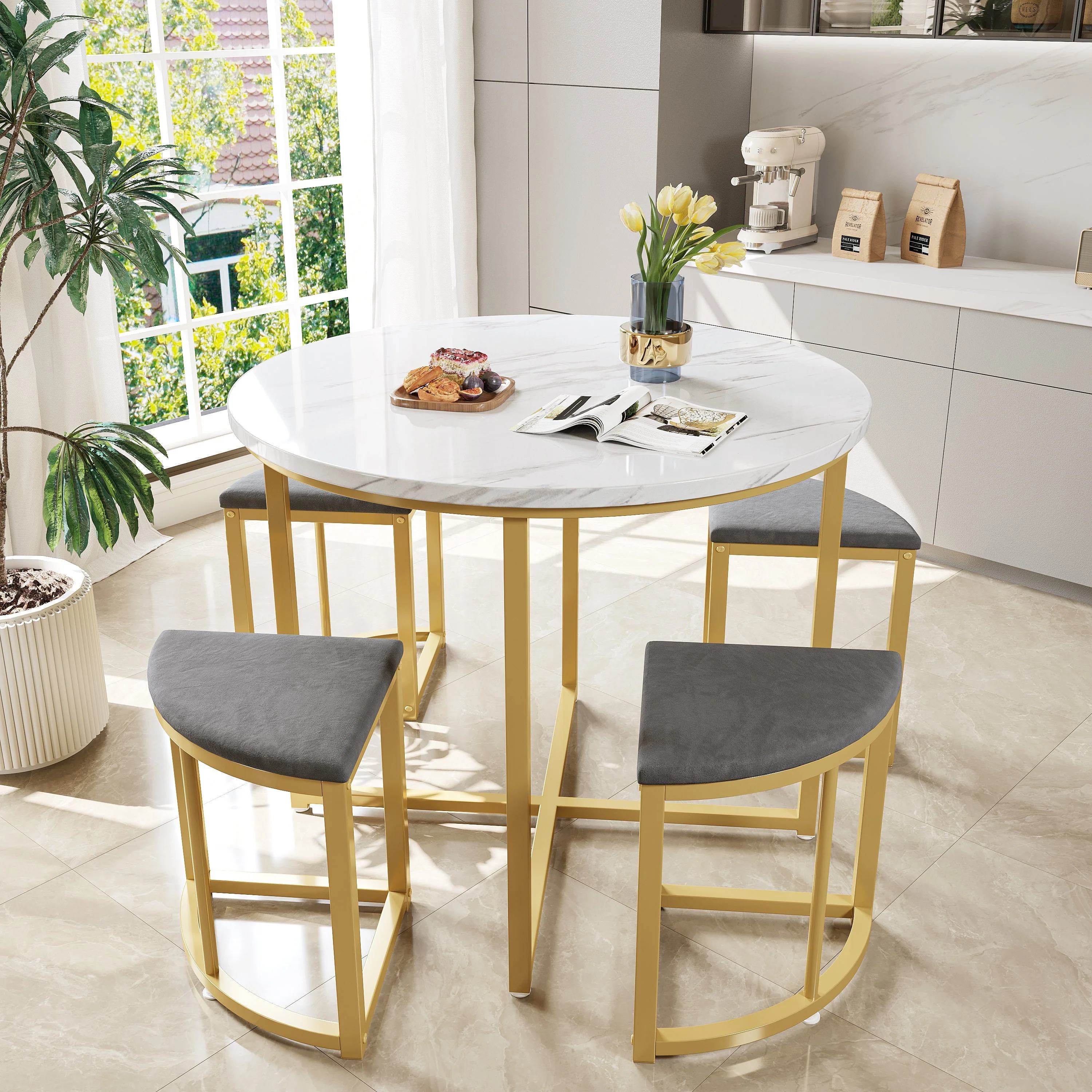 Dining Table Set 5-Piece Modern Luxury Gilded Iron Frame Grey Velvet