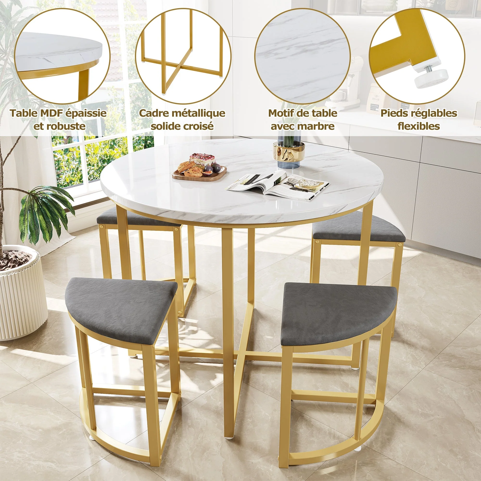 Dining Table Set 5-Piece Modern Luxury Gilded Iron Frame Grey Velvet - Image 6