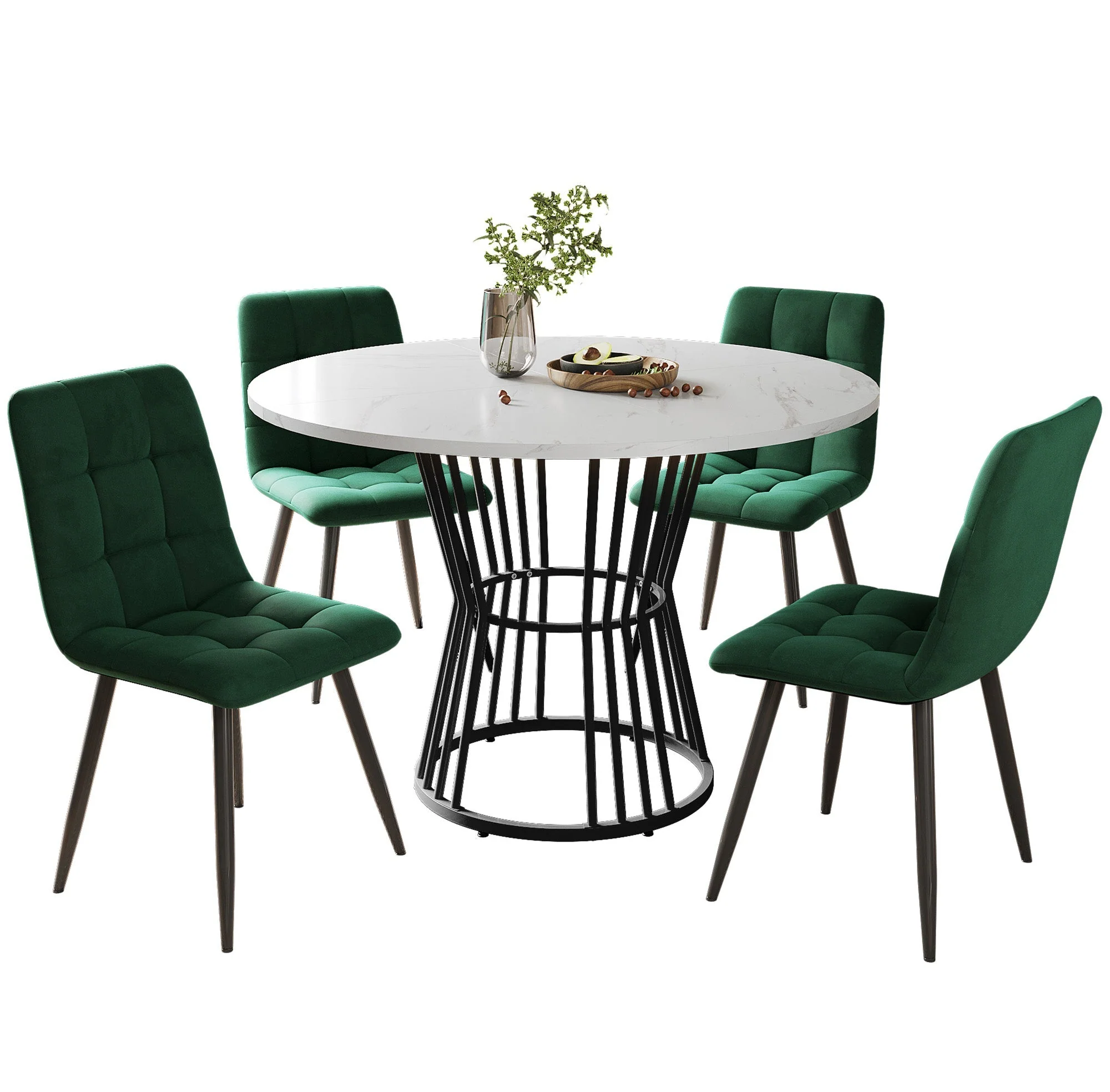 Dining Table Set 5-Piece Round 100cm Black Metal White MDF Green Velvet - Image 6