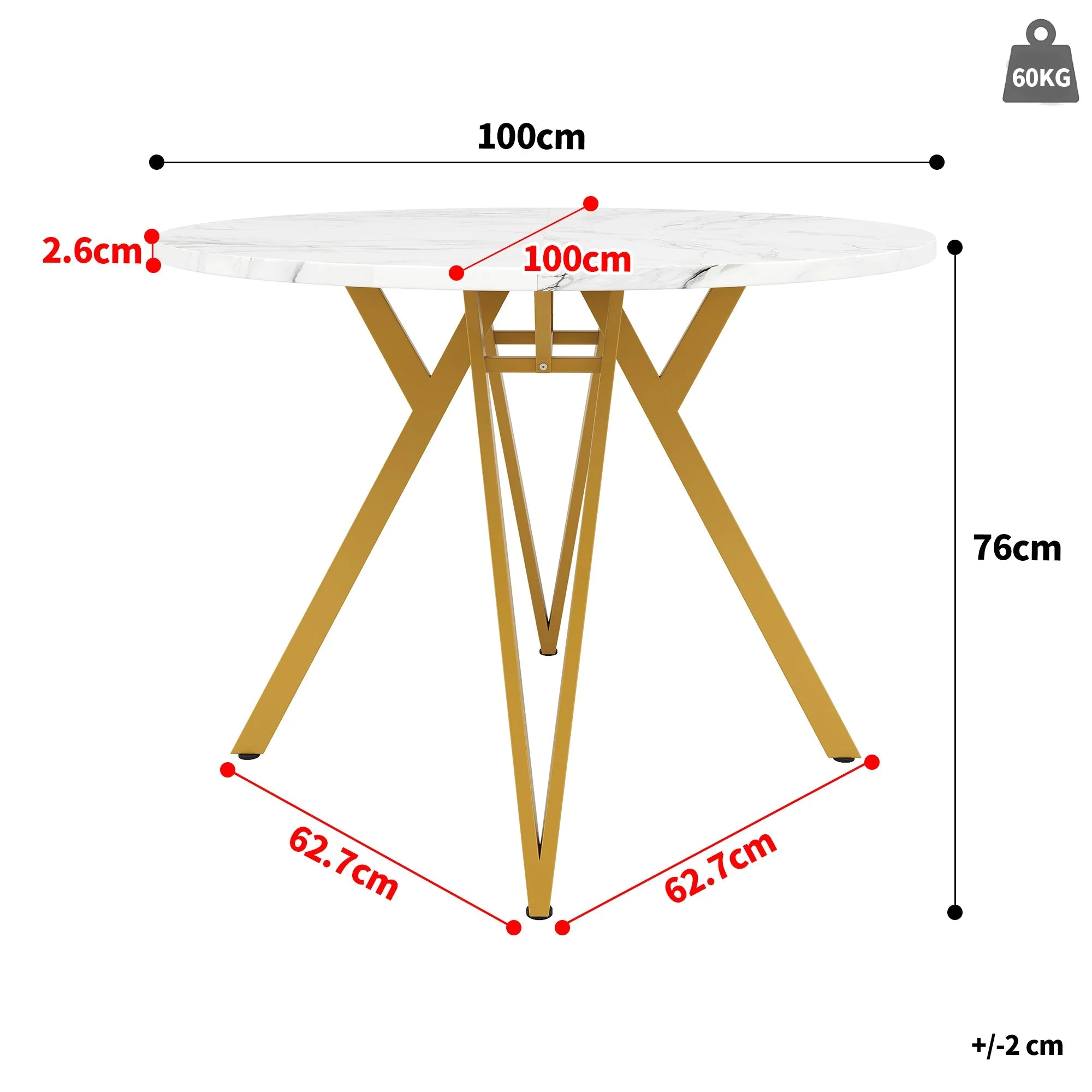 Dining Table Set 5-Piece Round 100cm Gold Metal Legs MDF Marble/Grey - Image 3