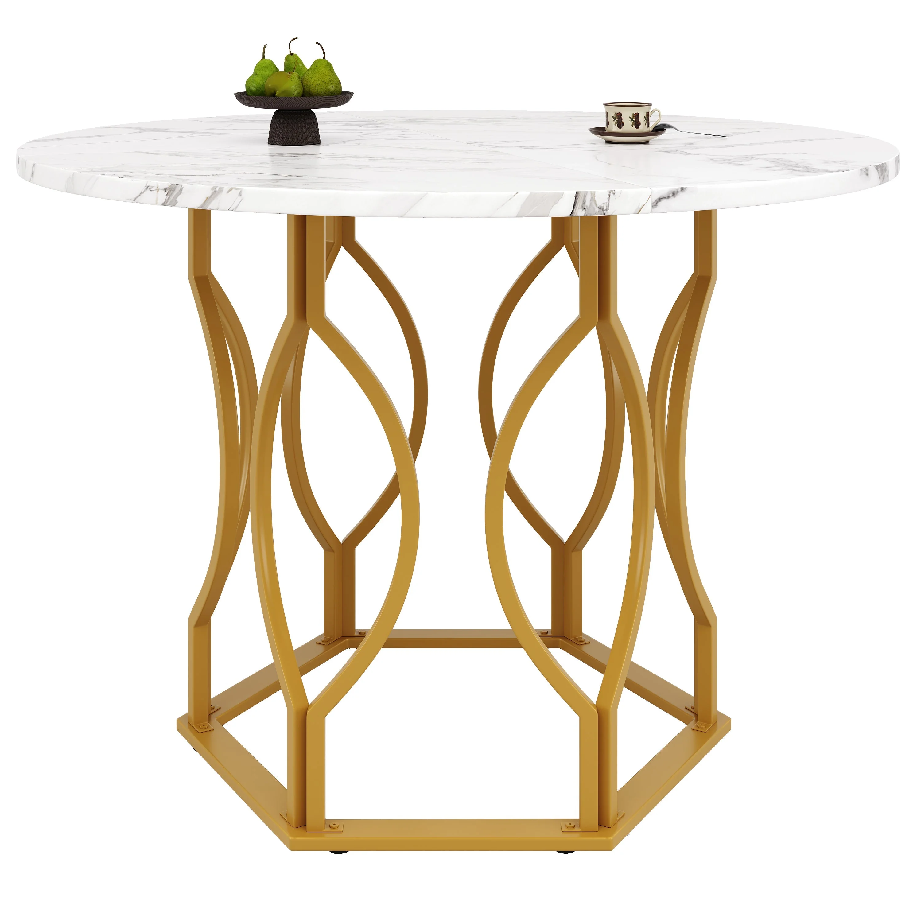 Dining Table Set 5-Piece Round 100cm Gold Metal Legs White MDF Dark Green Velvet - Image 8