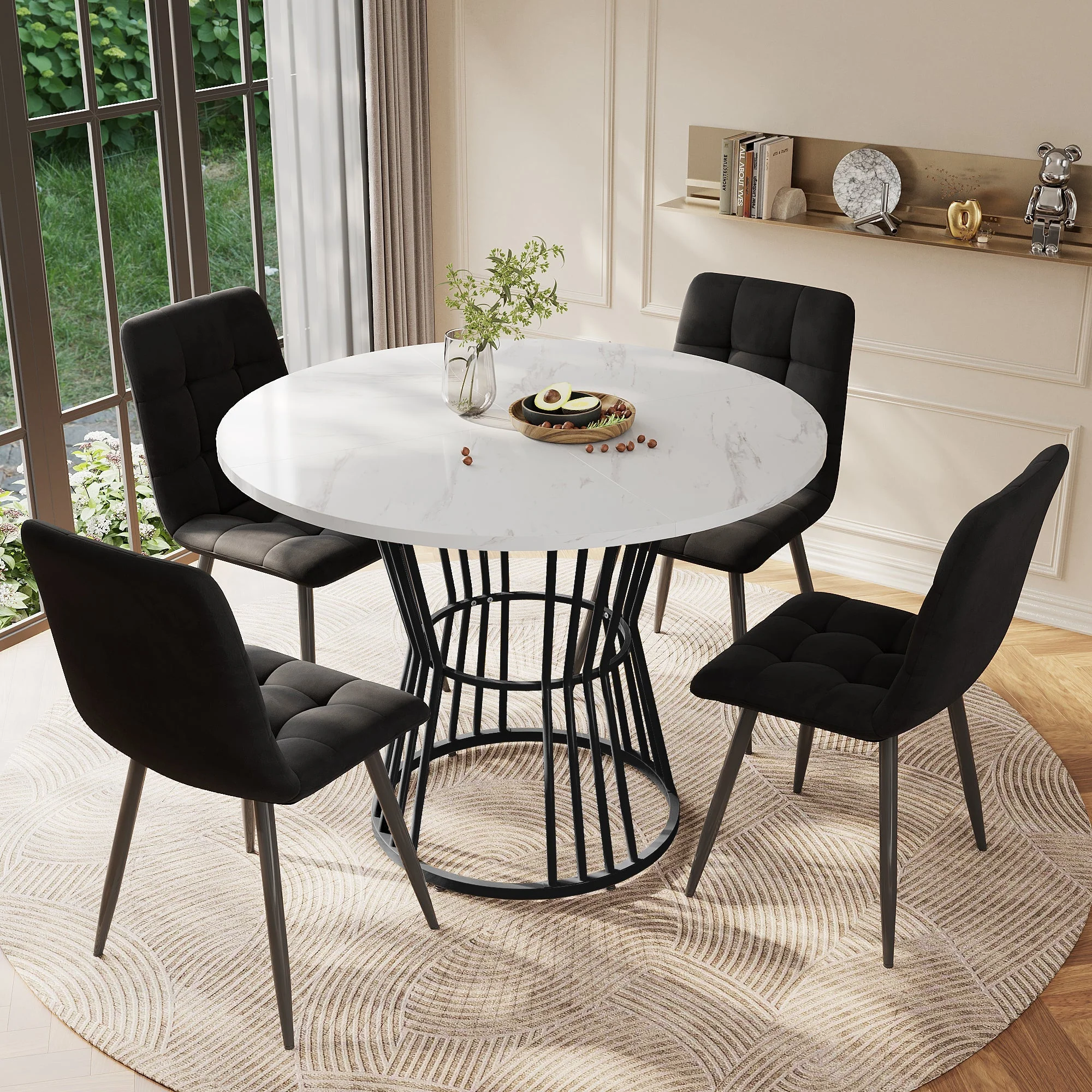 Dining Table Set 5-Piece Round 100cm Velvet Chairs - White/Black - Image 2