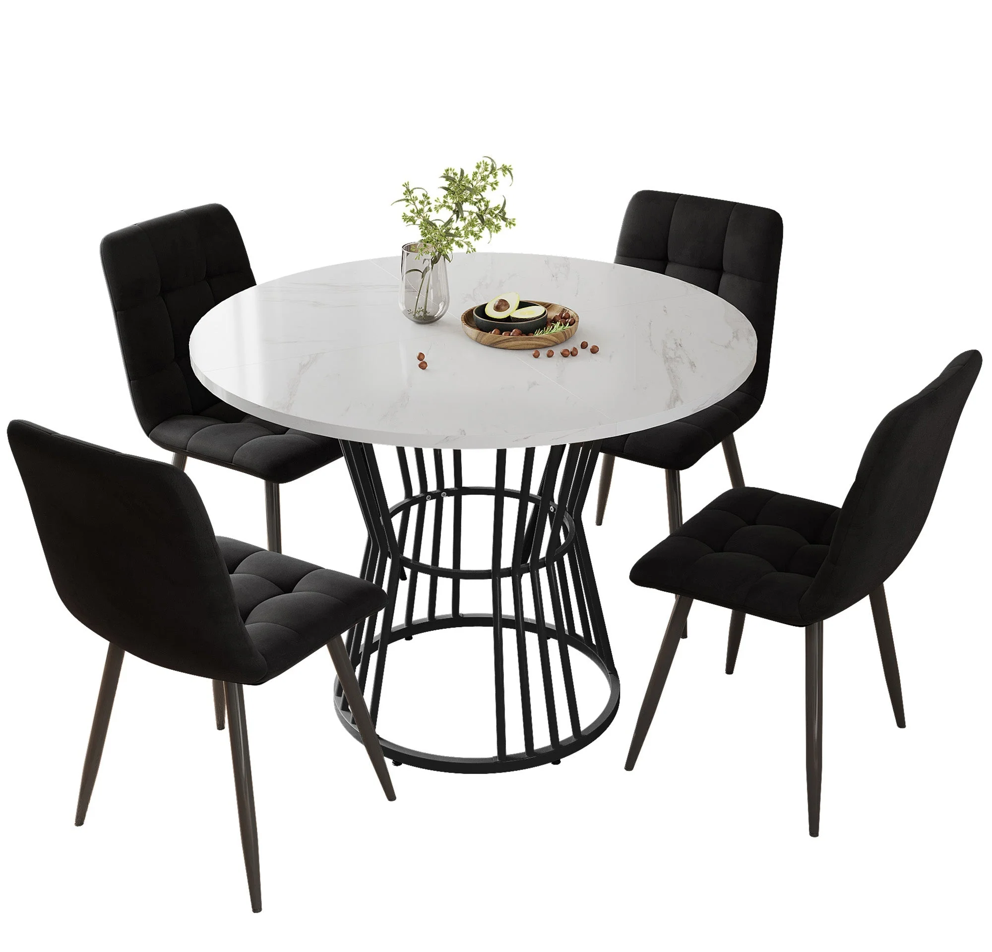 Dining Table Set 5-Piece Round 100cm Velvet Chairs - White/Black - Image 3