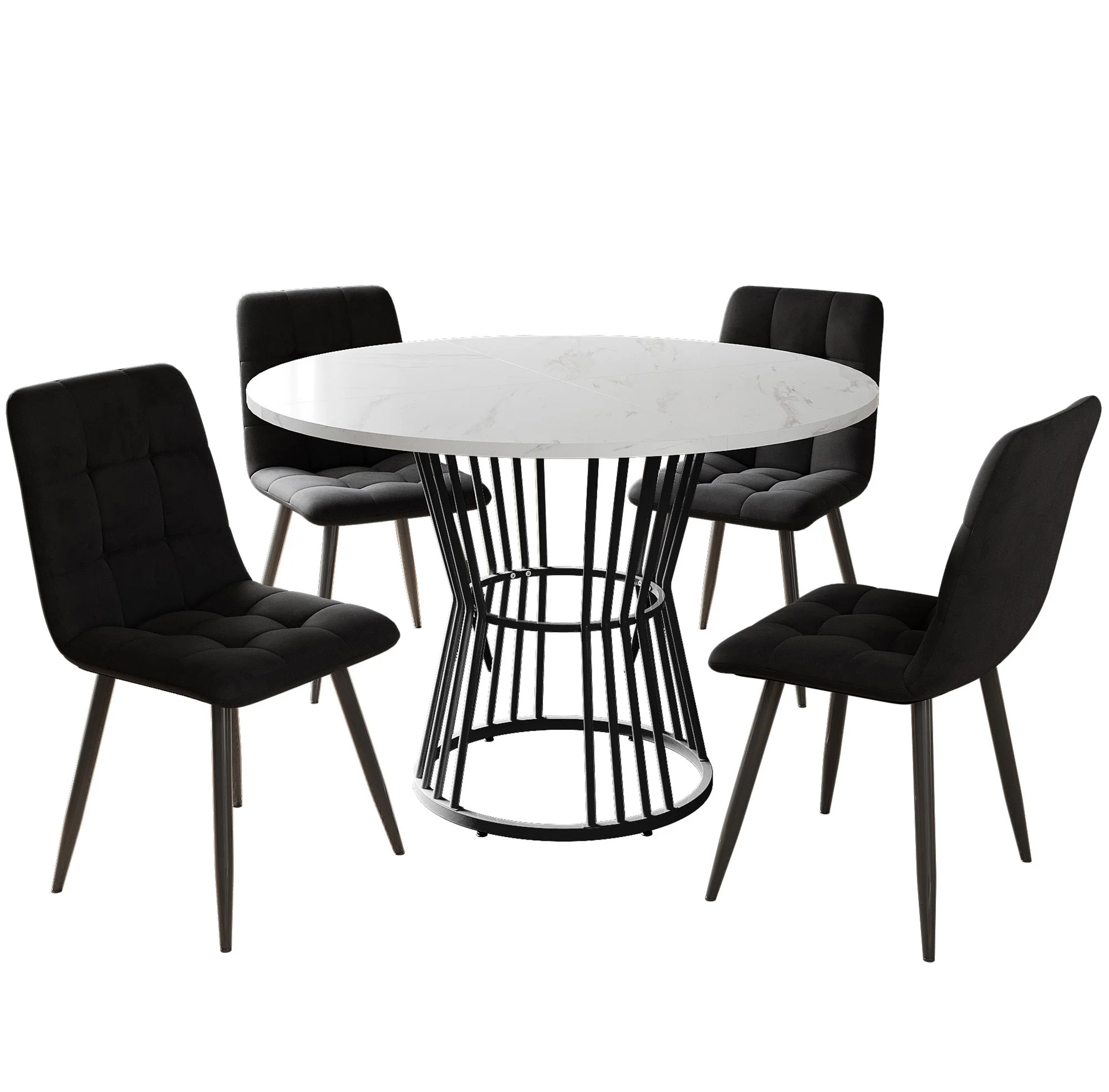 Dining Table Set 5-Piece Round 100cm Velvet Chairs - White/Black - Image 5