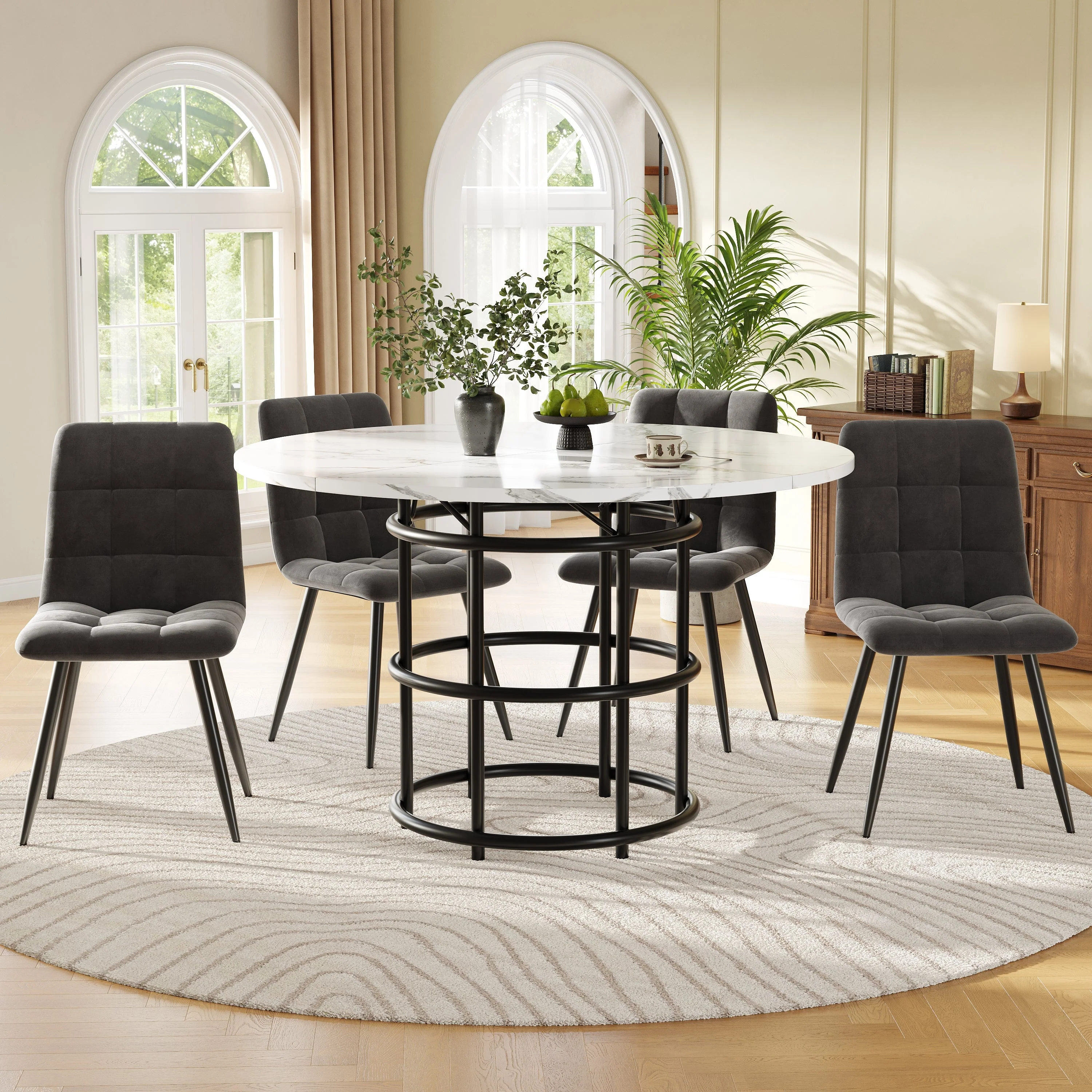 Dining Table Set 5-Piece Round 100cm White MDF/Grey Velvet - Image 2