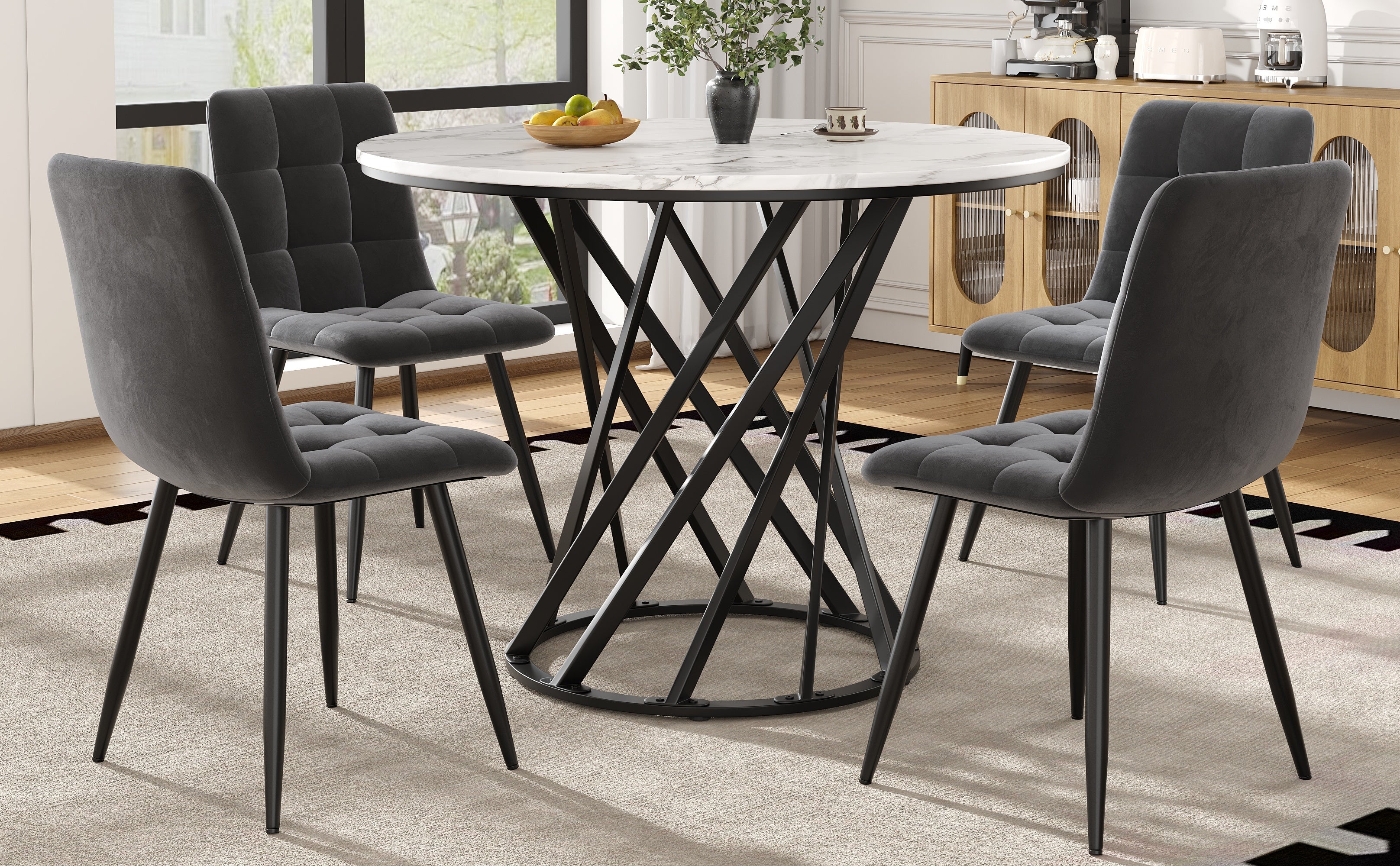 Dining Table Set 5-piece Round 80cm 4 Chairs Black Metal Legs White MDF Velvet - Image 2