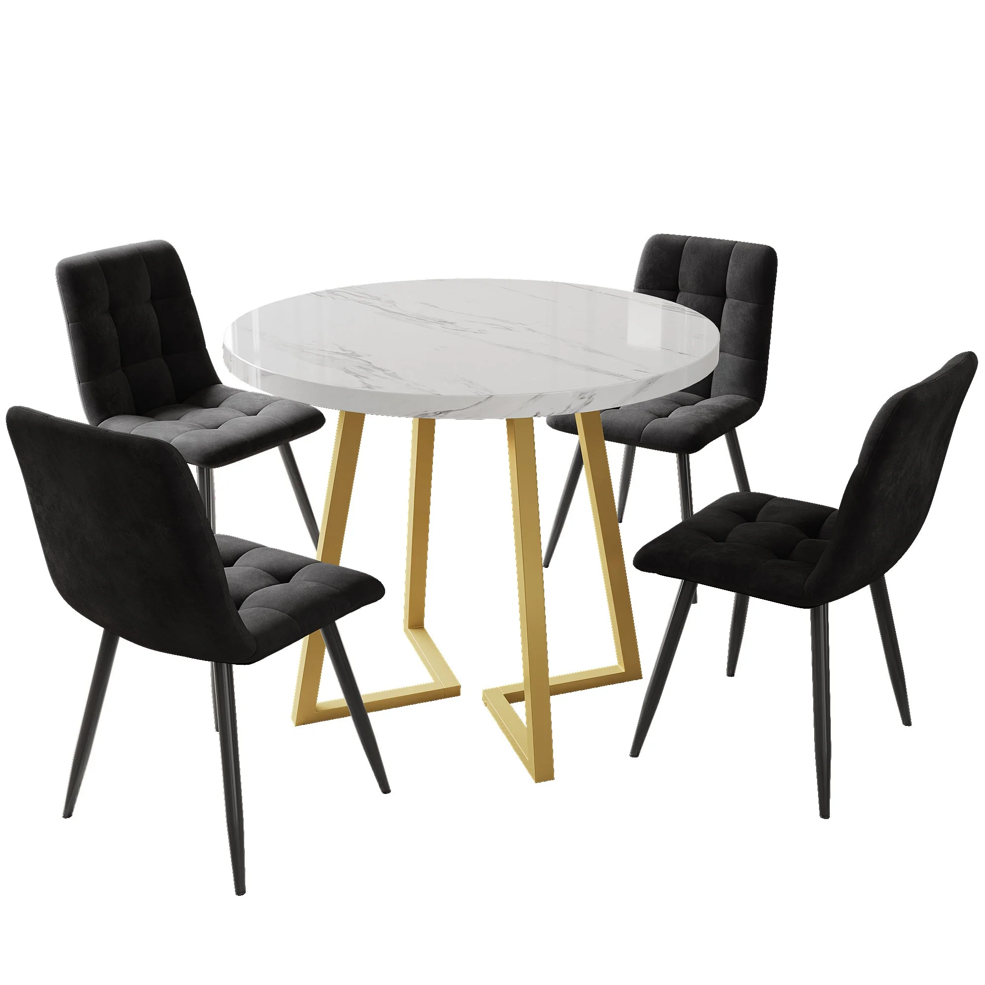 Dining Table Set (5-piece) Round 80cm Kitchen Table White MDF, Gold Metal/Black Velvet - Image 2