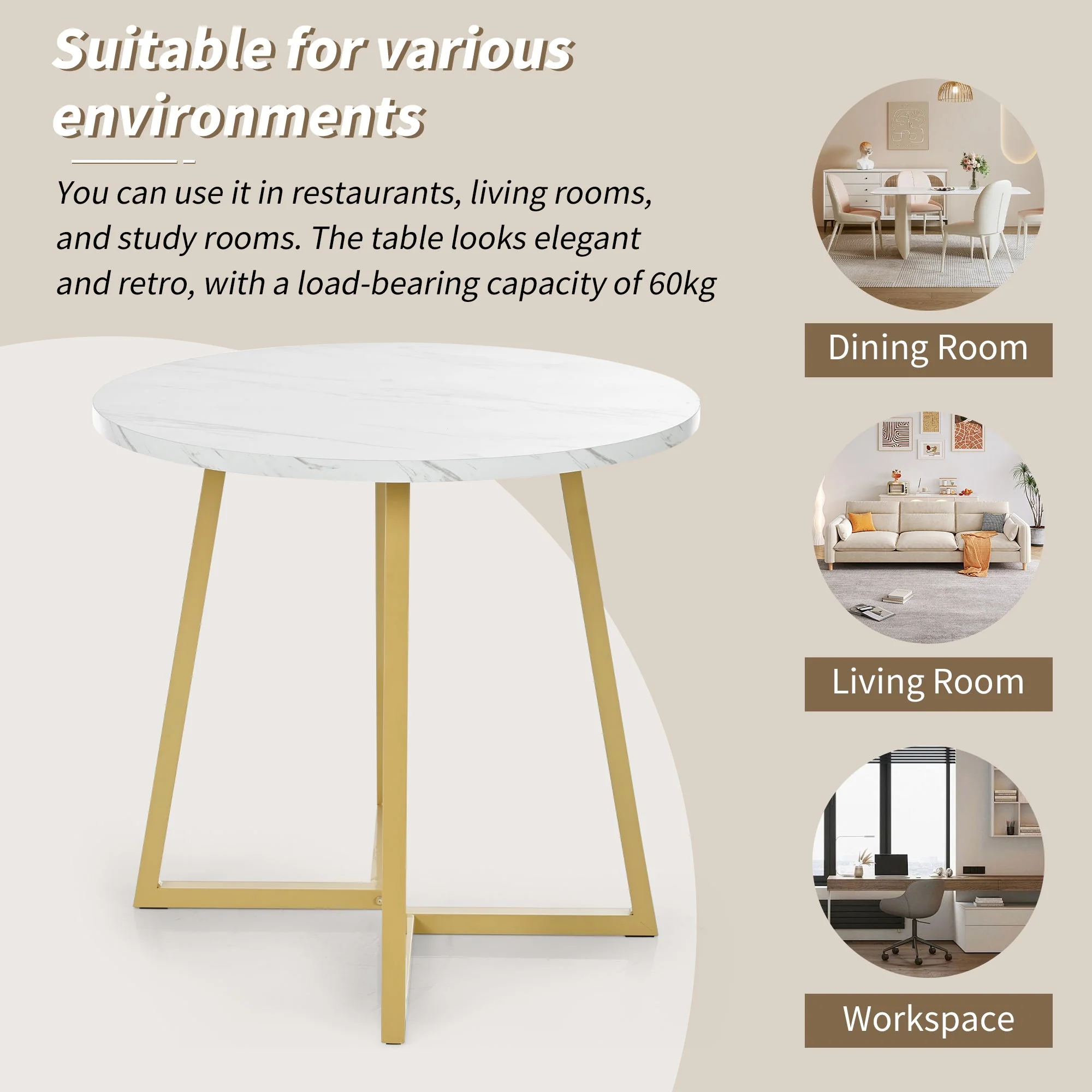 Dining Table Set (5-piece) Round 80cm Kitchen Table White MDF, Gold Metal/Black Velvet - Image 9
