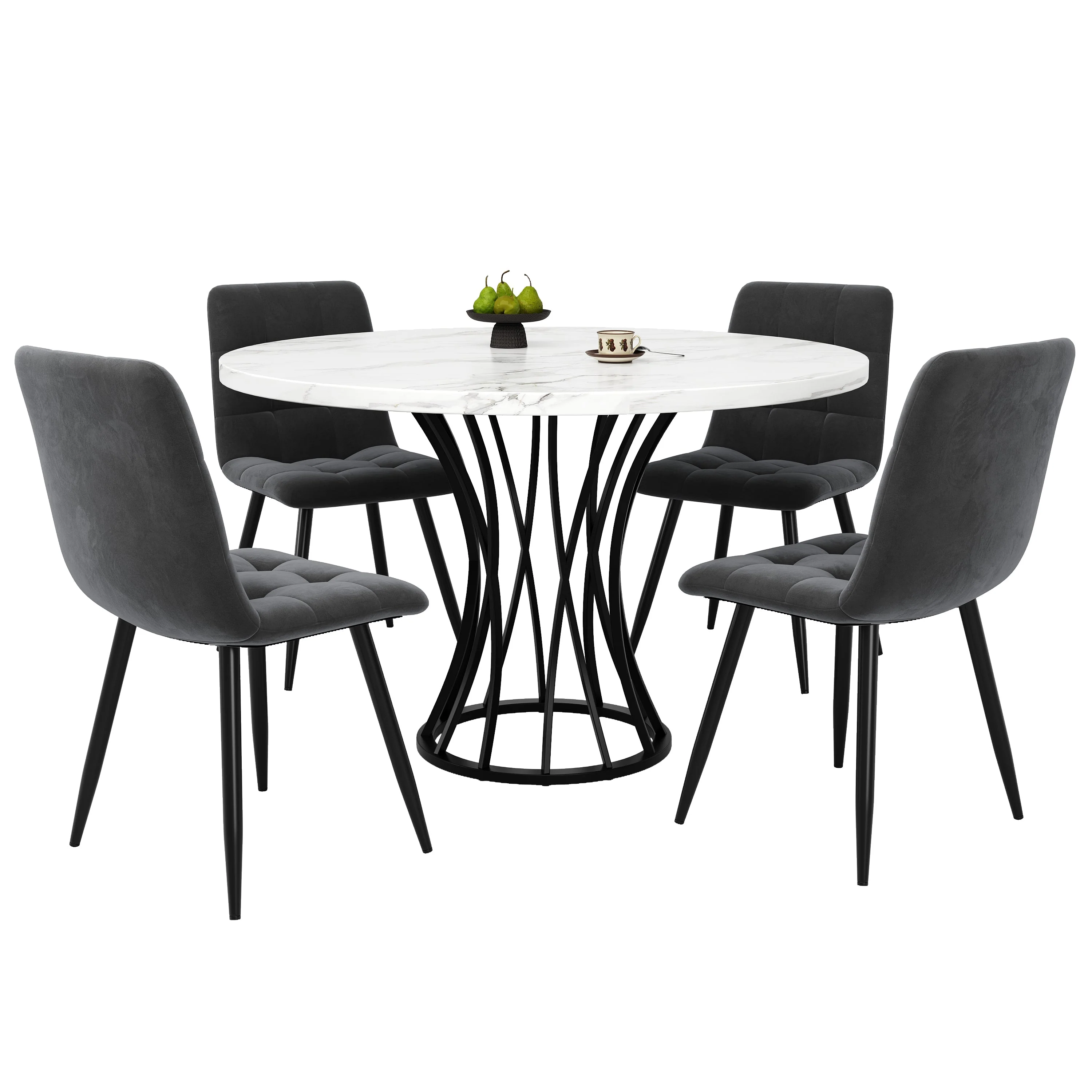 Dining Table Set 5-Piece Round 80cm Marble Top 4 Chairs - Grey Velvet - Image 6