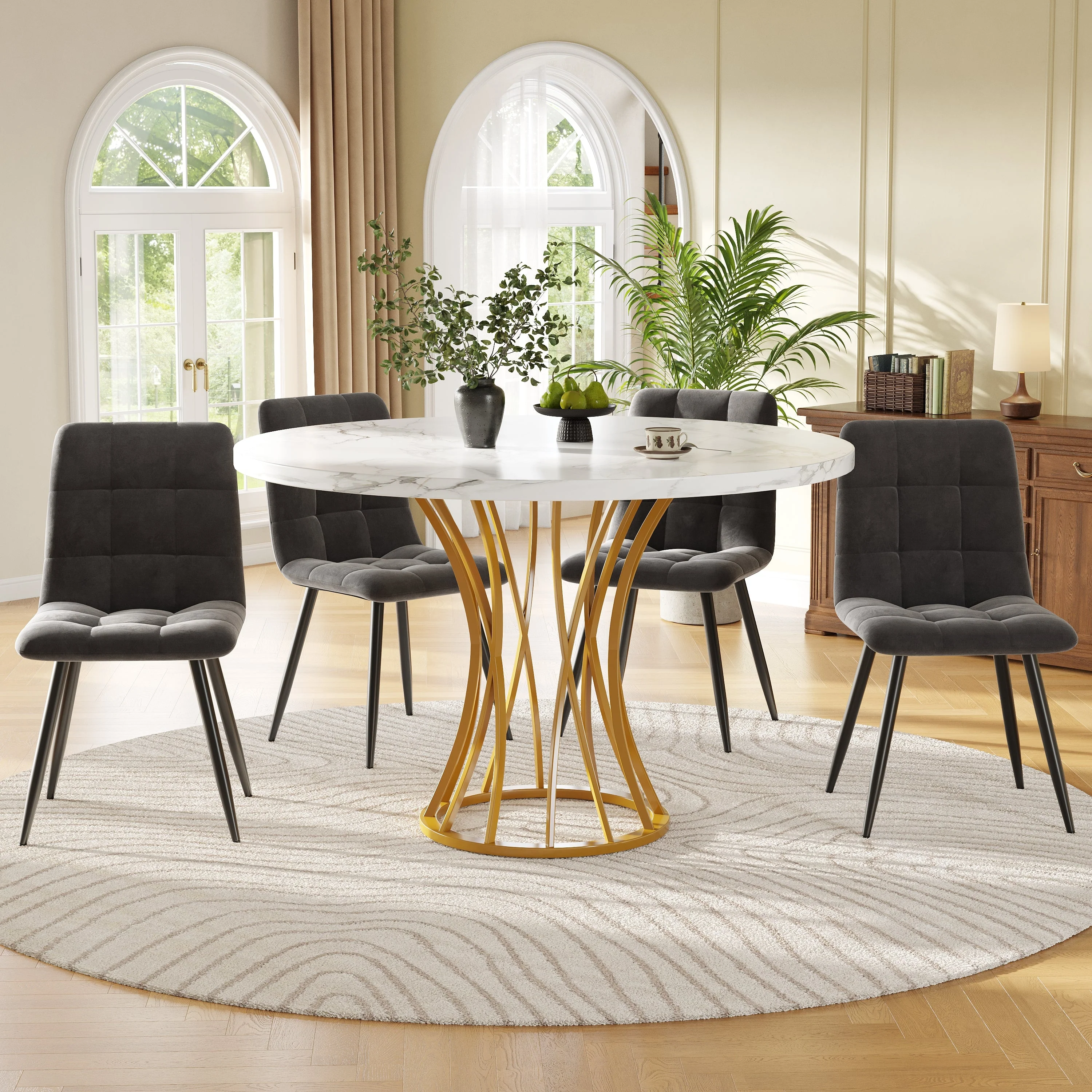 Dining Table Set 5-Piece Round 80cm White Marble Top Gold Legs Grey Velvet - Image 2