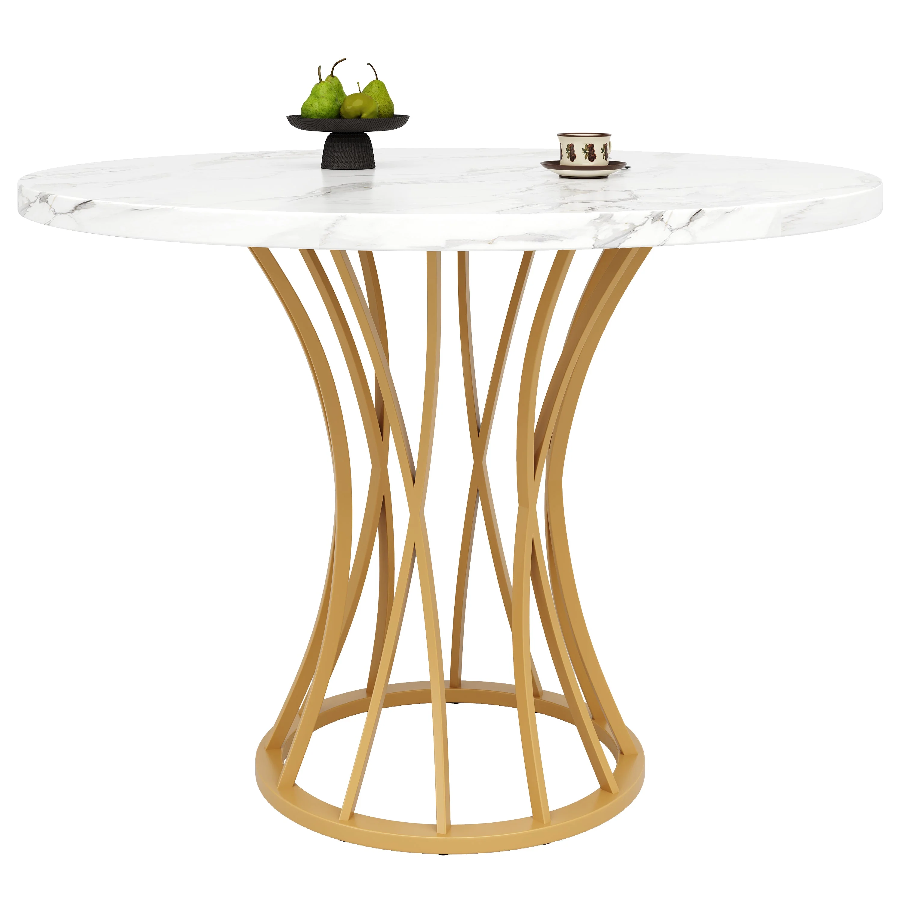 Dining Table Set 5-Piece Round 80cm White Marble Top Gold Legs Grey Velvet - Image 4