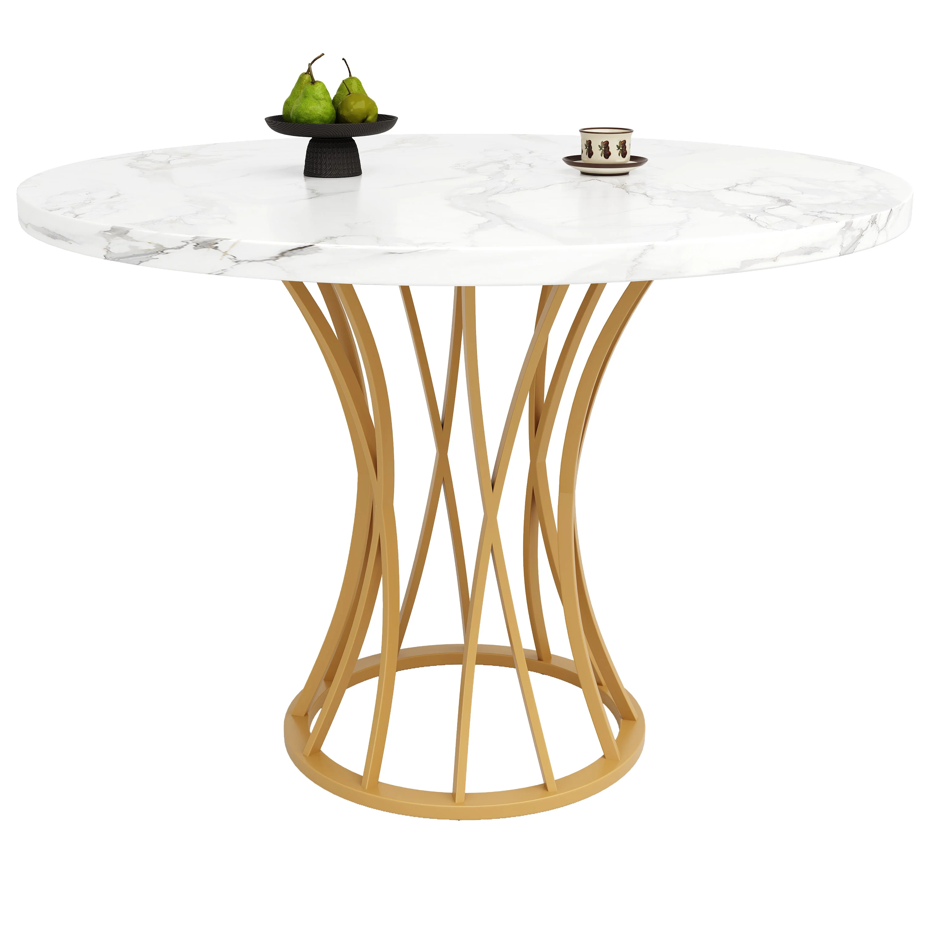 Dining Table Set 5-Piece Round 80cm White Marble Top Gold Legs Grey Velvet - Image 8