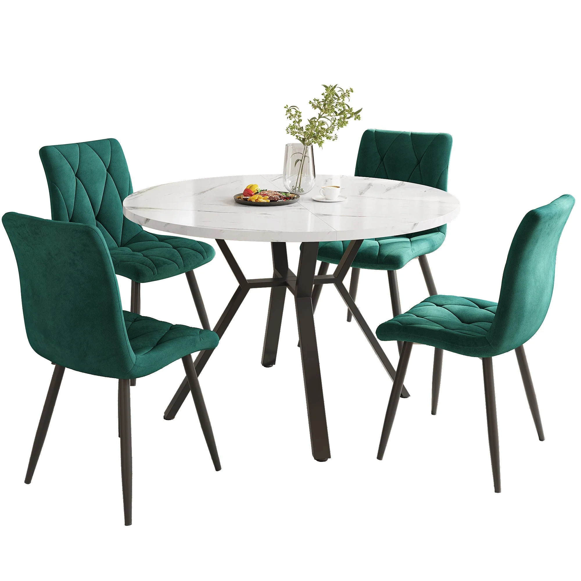 Dining Table Set 5-Piece Round Marble 4 Chairs Black Metal Legs Green Suede - Image 2