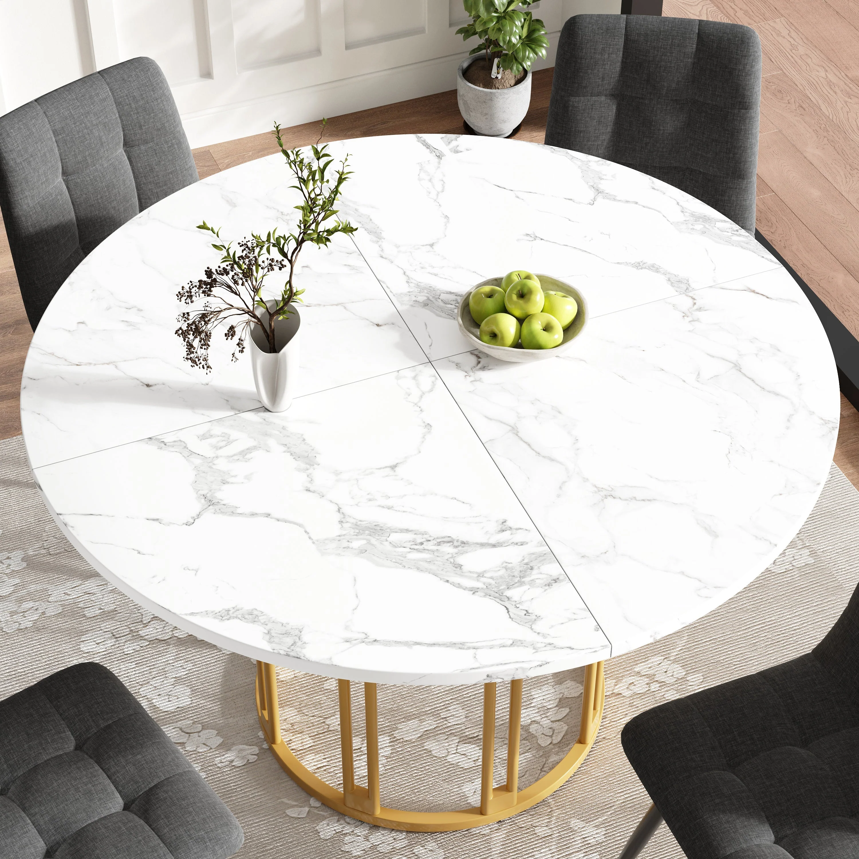 Dining Table Set 5-Piece Round Marble Top 4 Chairs Linen Bench - Grey - Image 4
