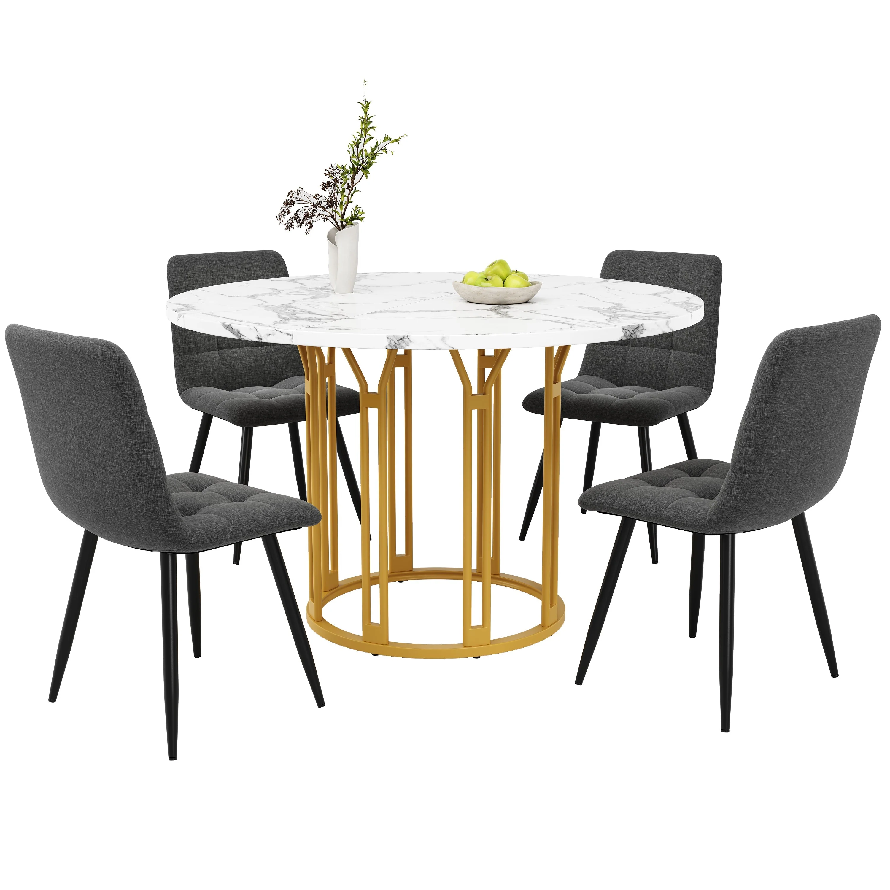 Dining Table Set 5-Piece Round Marble Top 4 Chairs Linen Bench - Grey - Image 7