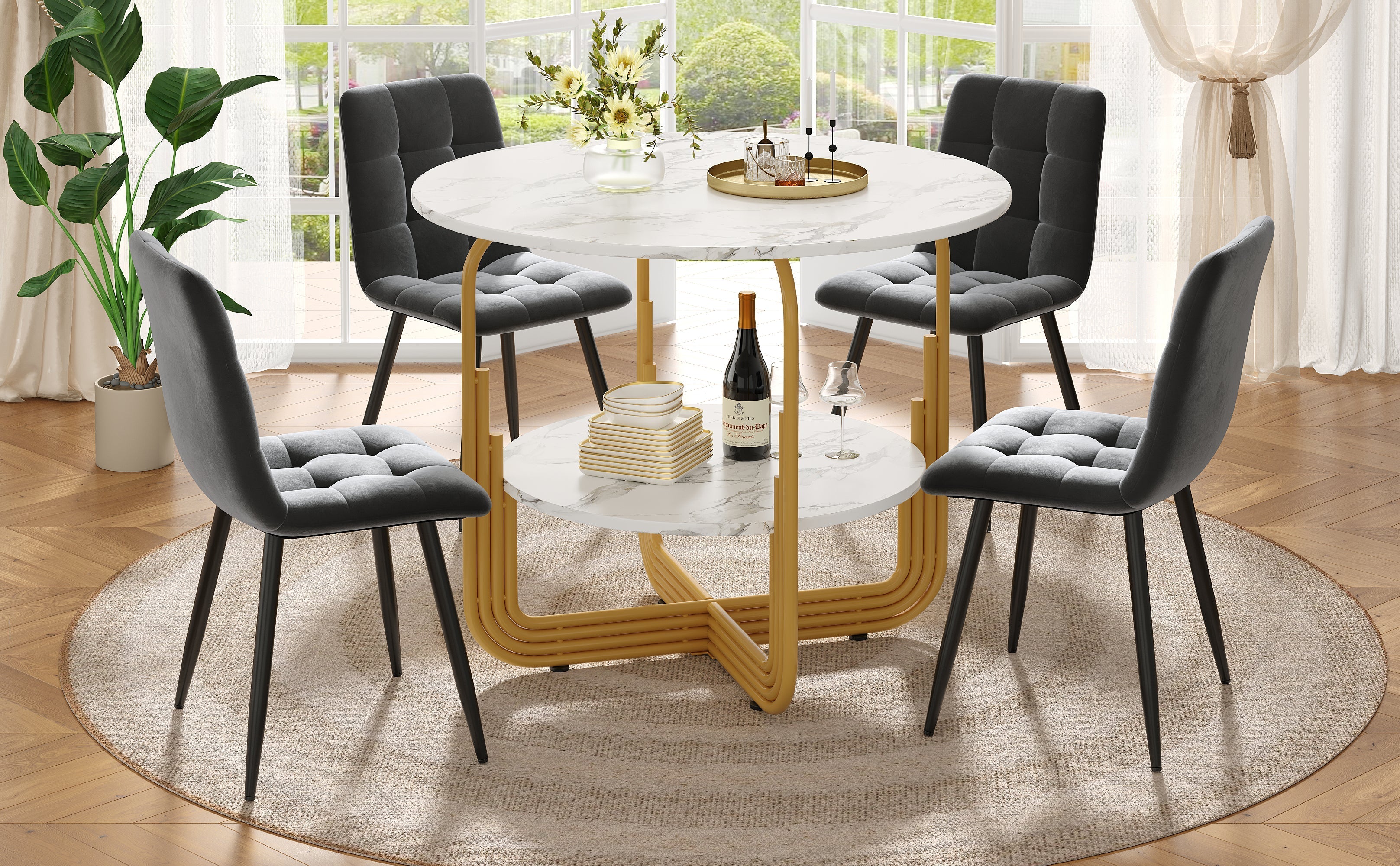 Dining Table Set, 5-Piece Round with 4 Chairs, 80cm, Gold Metal Legs, MDF Marble, Grey - Image 2