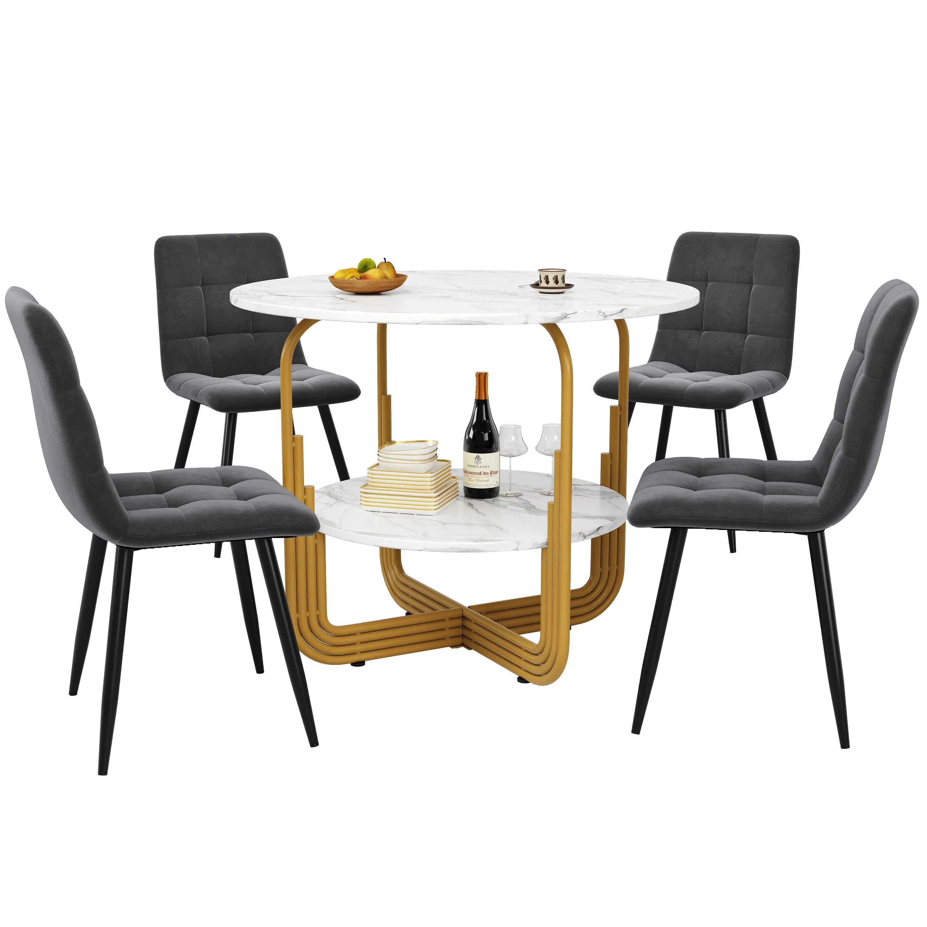 Dining Table Set, 5-Piece Round with 4 Chairs, 80cm, Gold Metal Legs, MDF Marble, Grey - Image 5